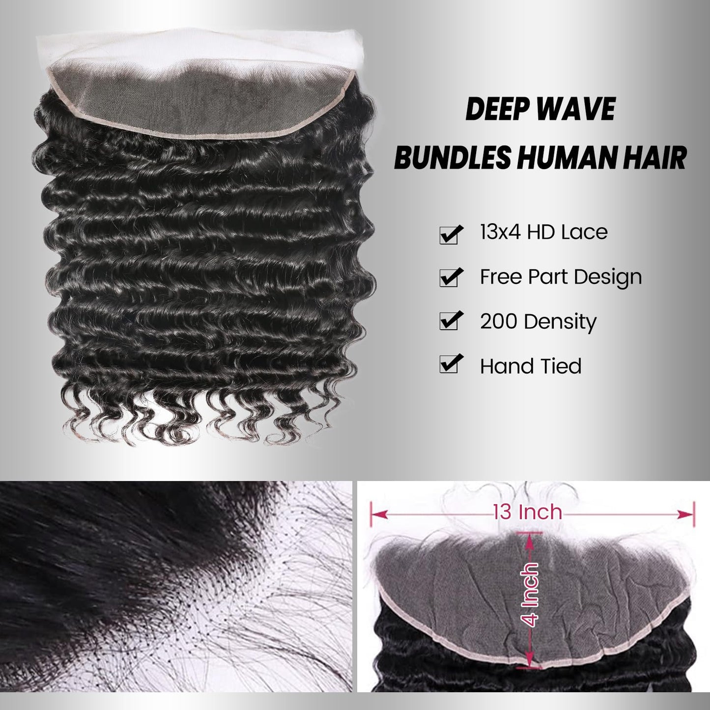 12A 13x4 HD Lace Frontal Human Hair 18 Inch Deep Wave Frontal Pre Plucked with Baby Hair 200% Density Ear to Ear 13x4 HD Lace Closure 100% Virgin Deep Wave Human Bundles Free Part Natural Black Color