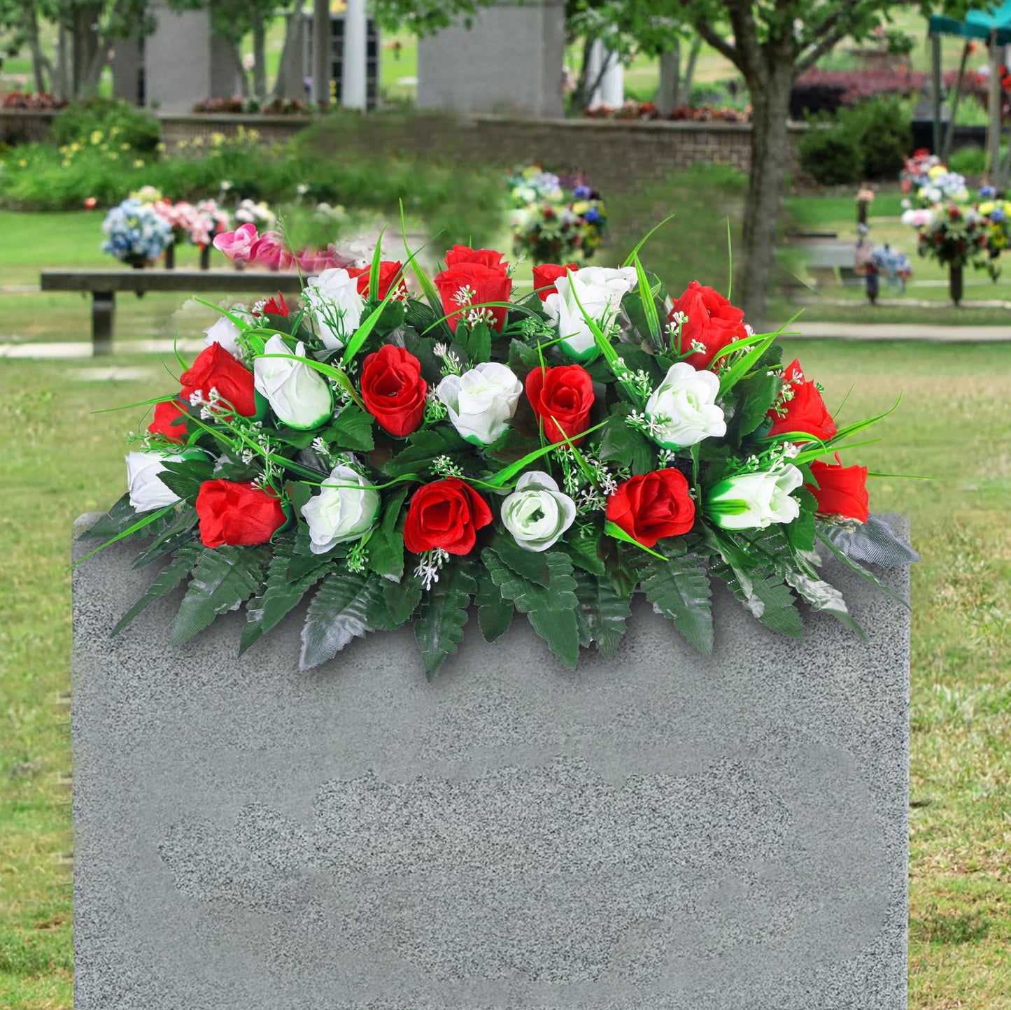 LVXINLI Artificial Cemetery Flower-Outdoor Grave Saddle Headstone Decorations,Red and White Rose Memorial Day Flowers for gravesite (Red and White)…