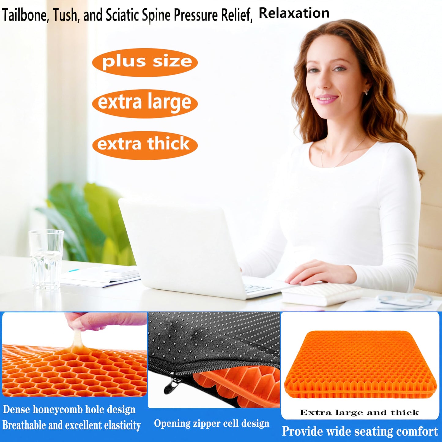 Plus Size Gel Seat Cushion for Long Sitting, Extra Large and Thick, Gel Cushion for Back, Hip, Sciatica, Tailbone Pain Relief, Use for The Office, Wheelchair, Car, Recliner, Stadium, Kayka.(Orange)