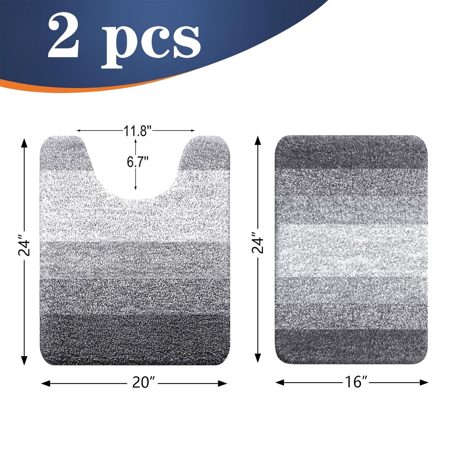 OLANLY Bathroom Rug Set 2 Piece, Soft Absorbent Microfiber Bath Mats and U-Shaped Contour Toilet Rug, Non-Slip, Machine Wash Dry, Plush Shaggy Bath Mats for Bathroom (24"x16"+24"x20", Grey)