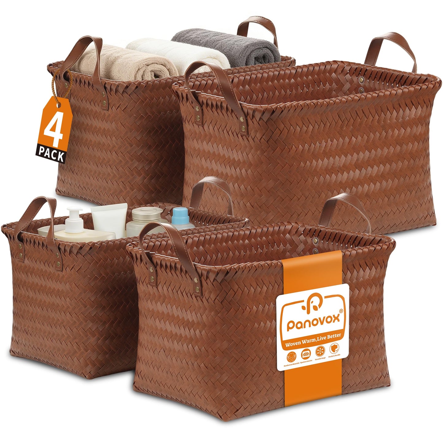 Panovox Hand Woven Baskets for Storage, 4Pcs Water-Resistant Wicker Baskets, Brown Wicker Storage Baskets for Shelves, Large Basket with Handle for Organizing, Clothes, Laundry, Blanket - Rectangular