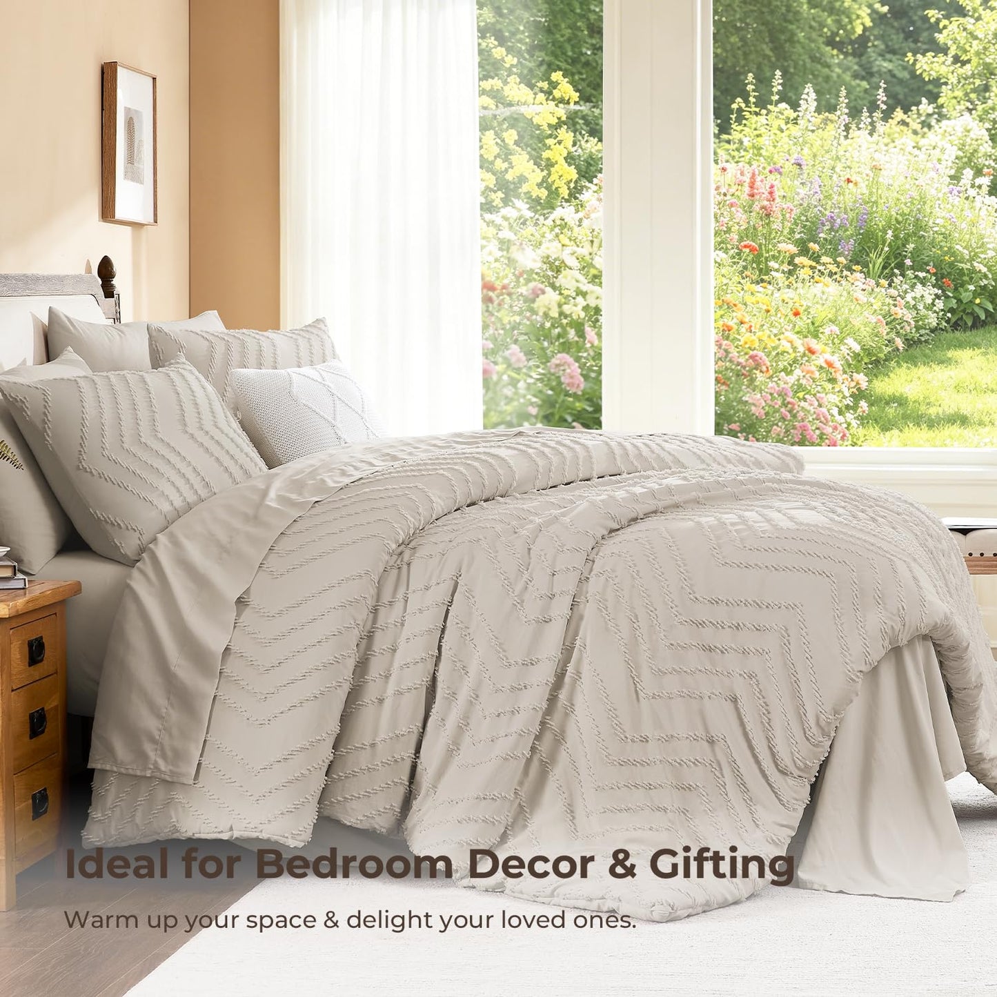 Litanika King Size Comforter Set with Sheets Beige - 7 Pieces Bed in a Bag King Chevron Tufted Boho Luxury Bedding Sets with Comforter, Sheets, Pillowcases & Shams