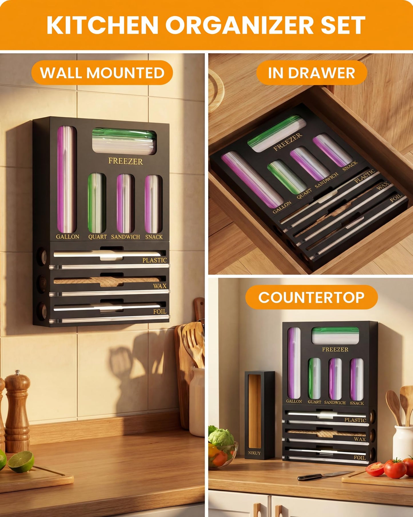 NIKUY 9 IN 1 Bamboo Foil and Plastic Wrap Organizer for Kitchen Drawer, Plastic Bag Organizer Organization and Storage, Food Storage Bag Organizer (BLACK)