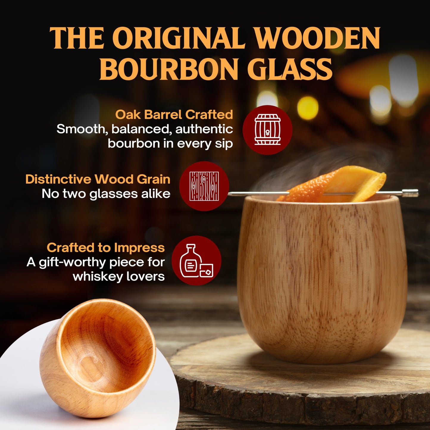 Oaksip The Original Wooden Bourbon Drinking Glass Bourbon Gifts for Men | Finished Wooden Old Fashioned Glass | Great Whiskey Gifts for Men, Dad, or Brother (2 Pack)