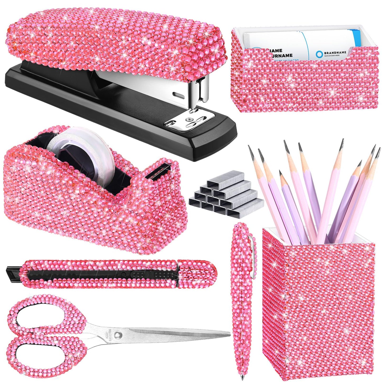 Demissle Pink 7 Pieces Bling Desk Accessories Set Glitter Crystal Office Stationery Kit for Women Diamond Tape Dispenser Rhinestone Stapler Cardholder Pencil Pot Holder Scissor Ballpoint Knife