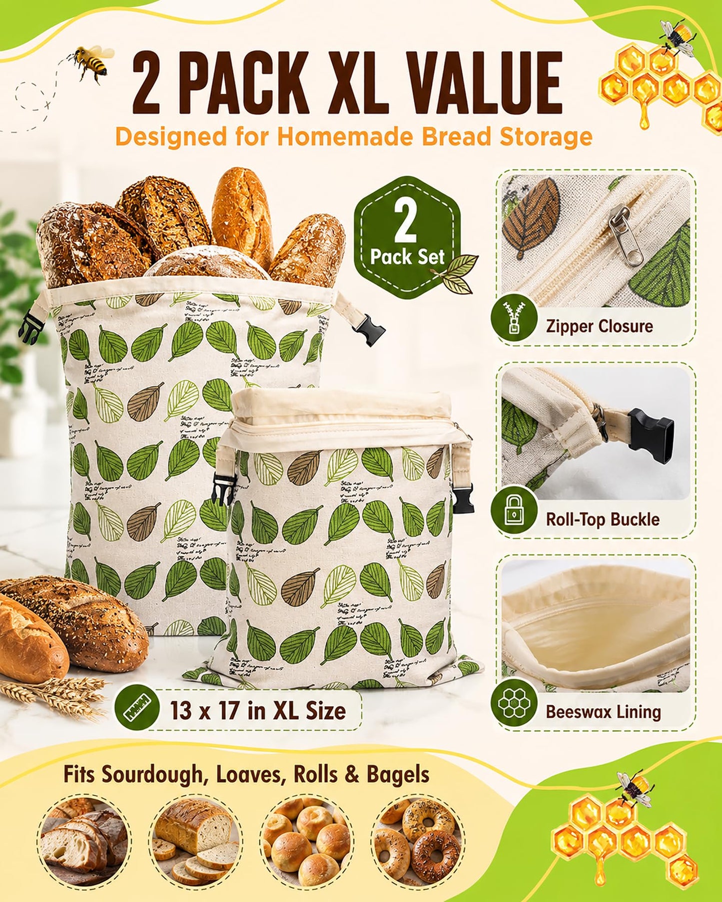 Beeswax Bread Bag for Homemade Bread, Sourdough Bread Bags with Zipper, 2 Pack XL 13"x17" Natural Beeswax Lined Cotton Bread Storage Bags, Freezer Safe, Keep Fresh