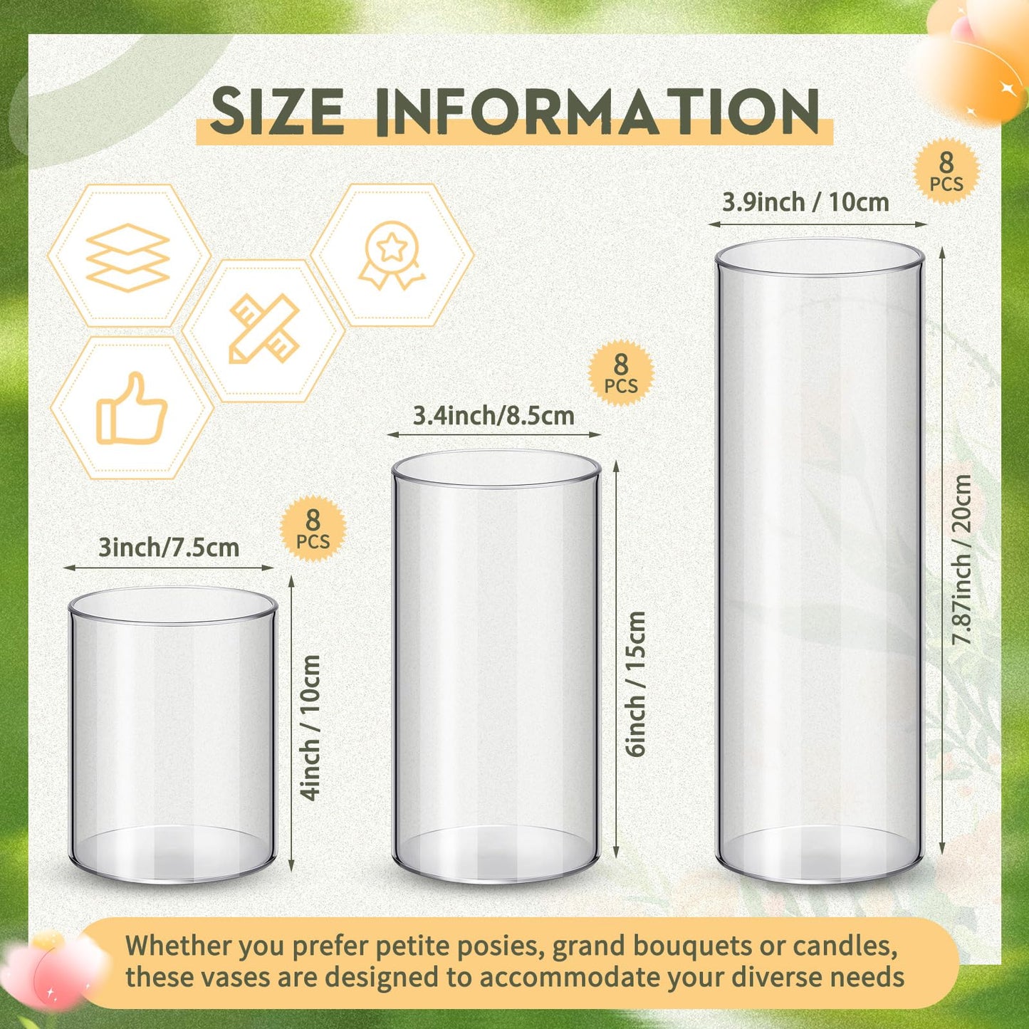 Nuogo 24 Pcs Plastic Cylinder Vases Tall Plastic Flower Vases for Centerpieces Hurricane Candle Holder for Home Wedding Office Party Formal Dinners Decorations (4''/6''/8'')