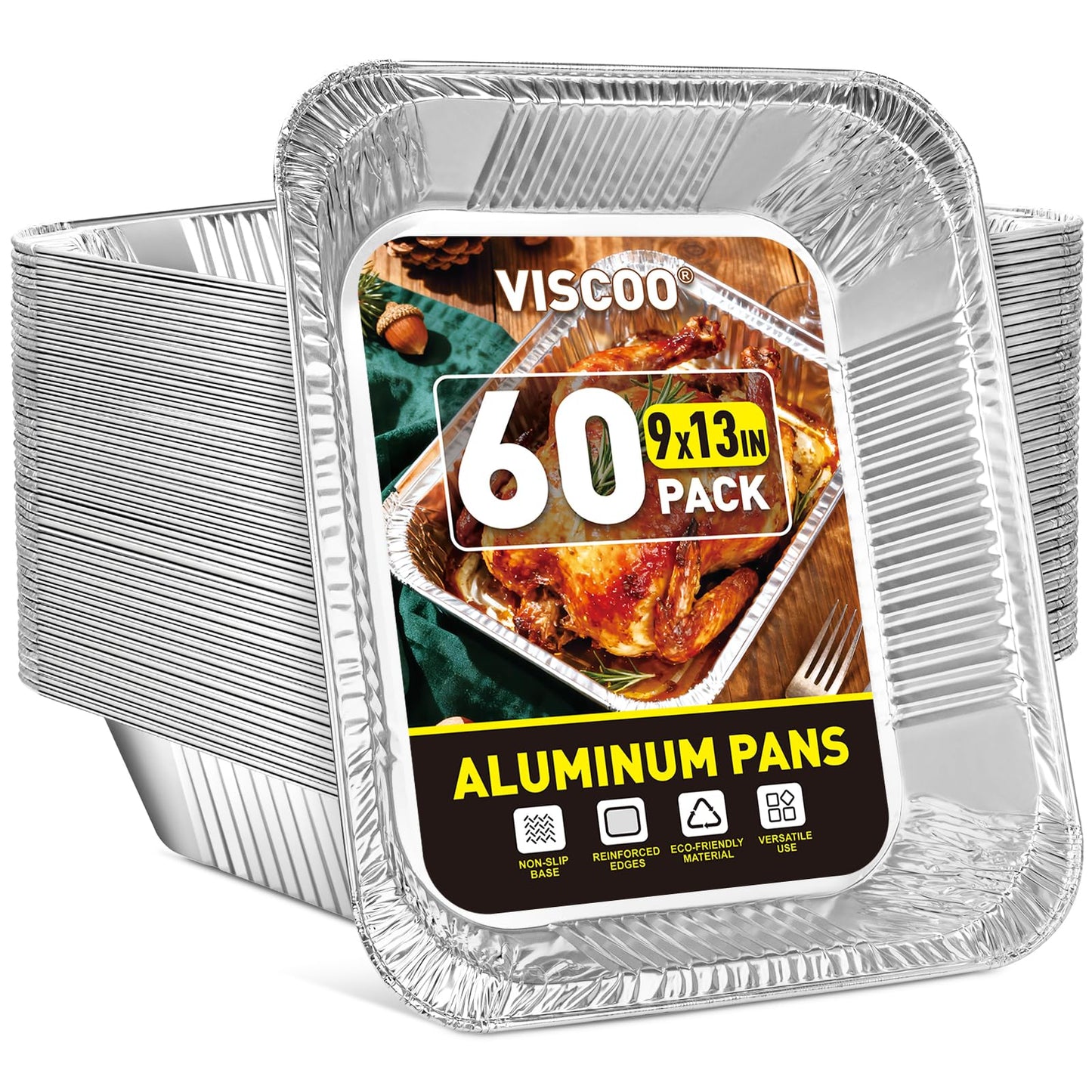 VISCOO 60 Pack Aluminum Pans - 9x13 Inch Disposable Foil Pans Baking Aluminum Trays, Food Grade Heavy Duty Tin Foil Pans for Baking, Roasting, Cooking, Meal Prep and Freezer, Steam Tables