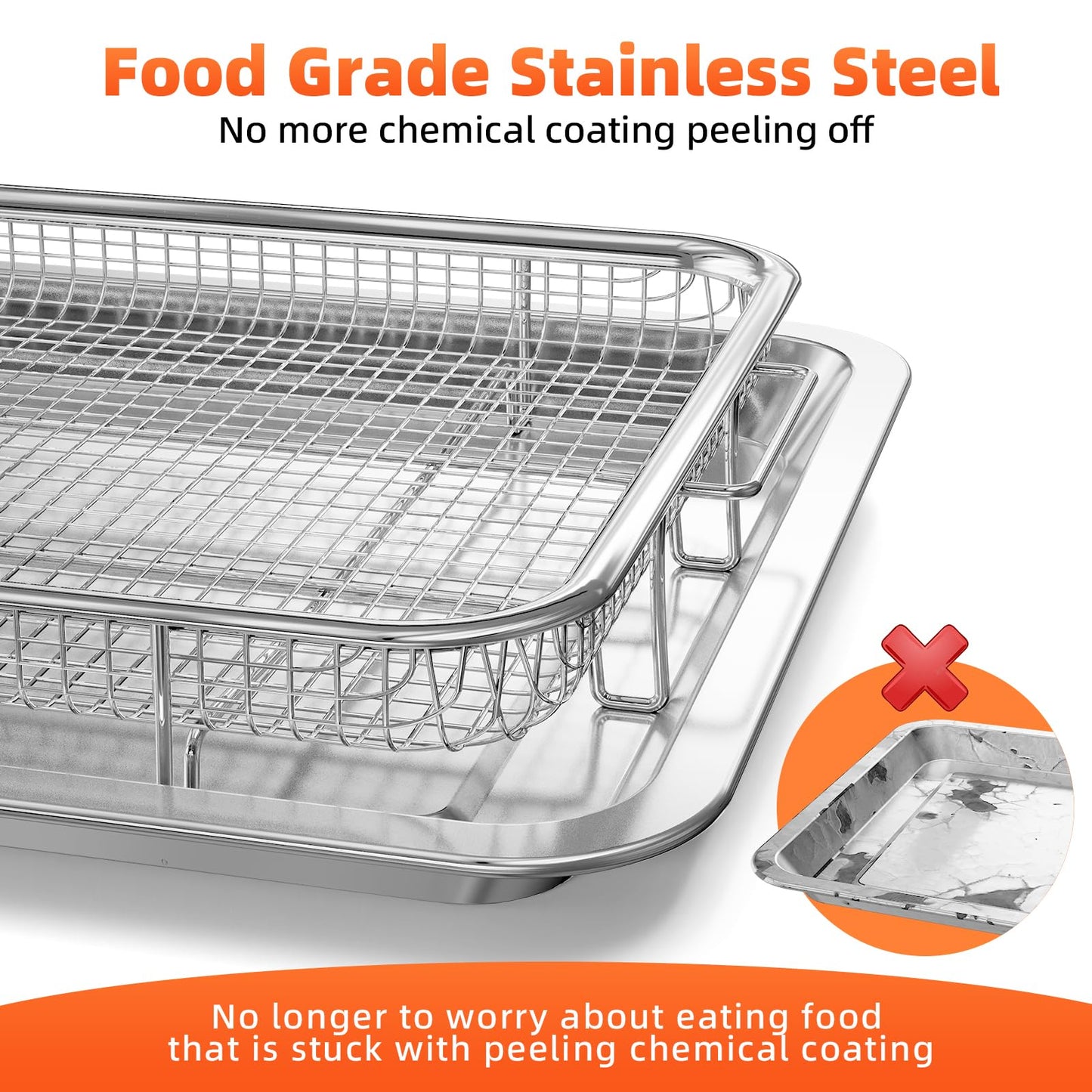 Air Fryer Basket for Oven, 2 Set Oven Air Fryer Basket and Tray with Cooking Guide&60 PCS Parchment Papers,DEGOVIN Crisper Tray Non-stick Stainless Steel Air Fry Pans for Convection Oven(Large+Medium)