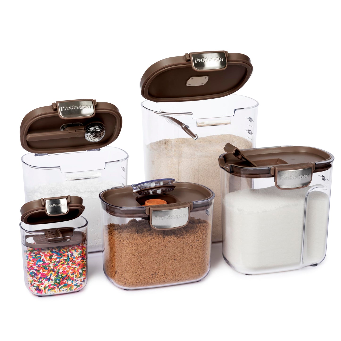 ProKeeper+ Airtight Food Storage Container Set – Clear Plastic Flour and Sugar Canister Set with Magnetic Accessories for Kitchen Organization (Brown, 9-Piece)