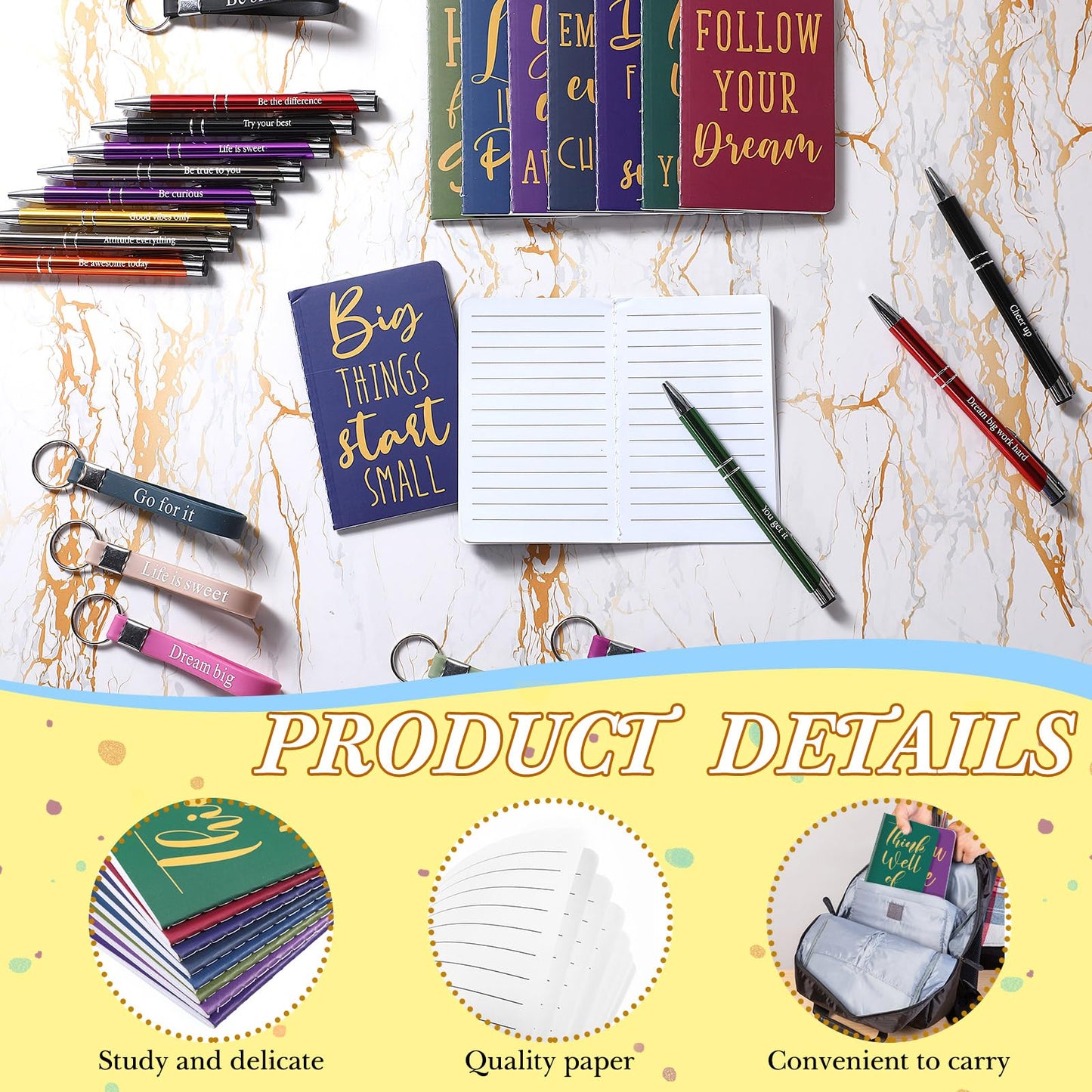 Pajean 128 Pcs Inspirational Gifts Bulk Motivational Notebooks Journal Ballpoint Pens Positive Keychains Organza Bags for Students Teachers Employee School Office Prizes Favors Supplies(Classic)
