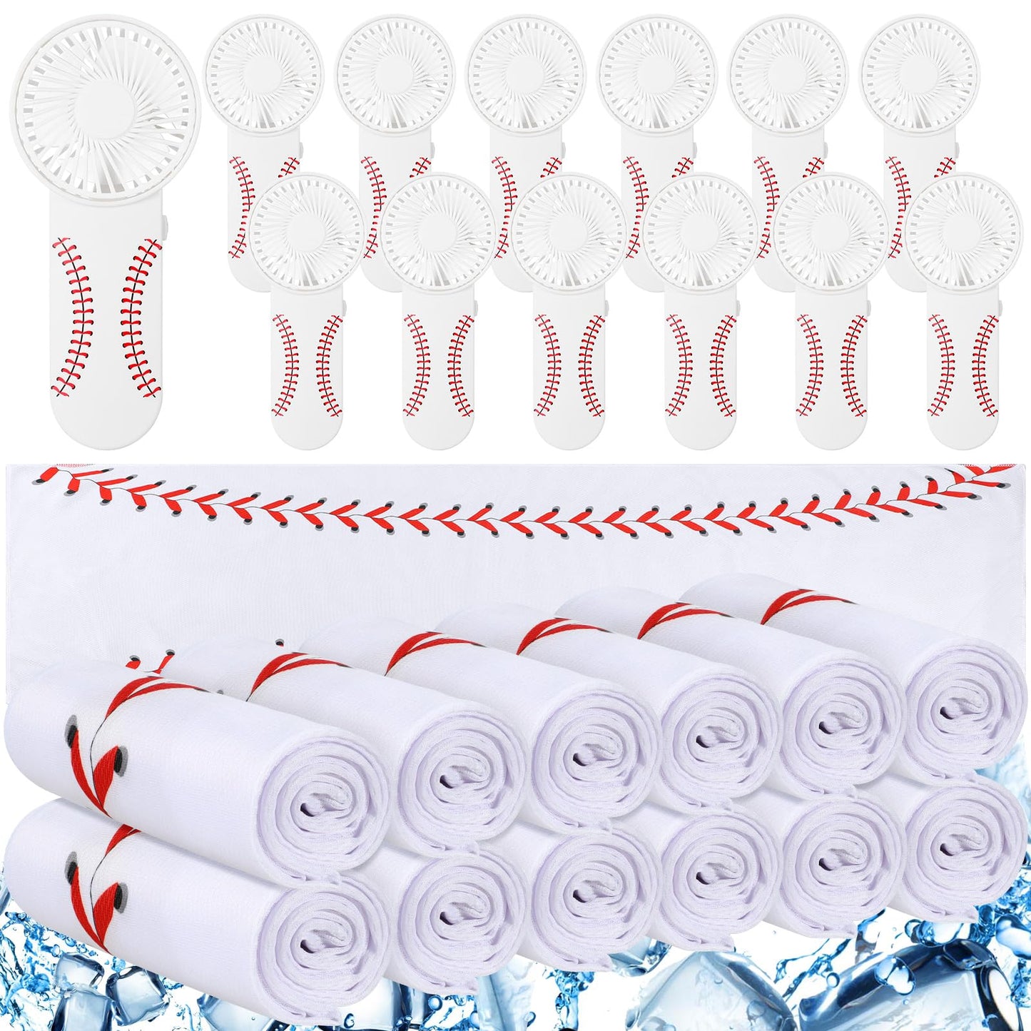 Tujoe 24 Pcs Sport Gifts, Includes 12 Pcs Cooling Towels 40"x12" Workout Towels, 12 Portable Fan Mini Handheld Fan for Team Gift Sport Party Favors, Battery Not Include(White,Baseball)