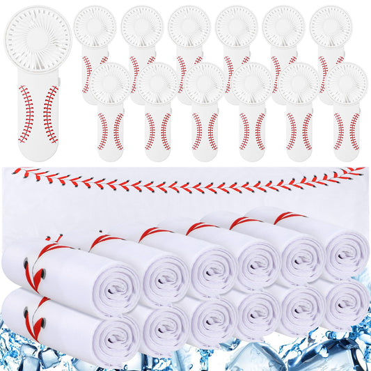 Tujoe 24 Pcs Sport Gifts, Includes 12 Pcs Cooling Towels 40"x12" Workout Towels, 12 Portable Fan Mini Handheld Fan for Team Gift Sport Party Favors, Battery Not Include(White,Baseball)