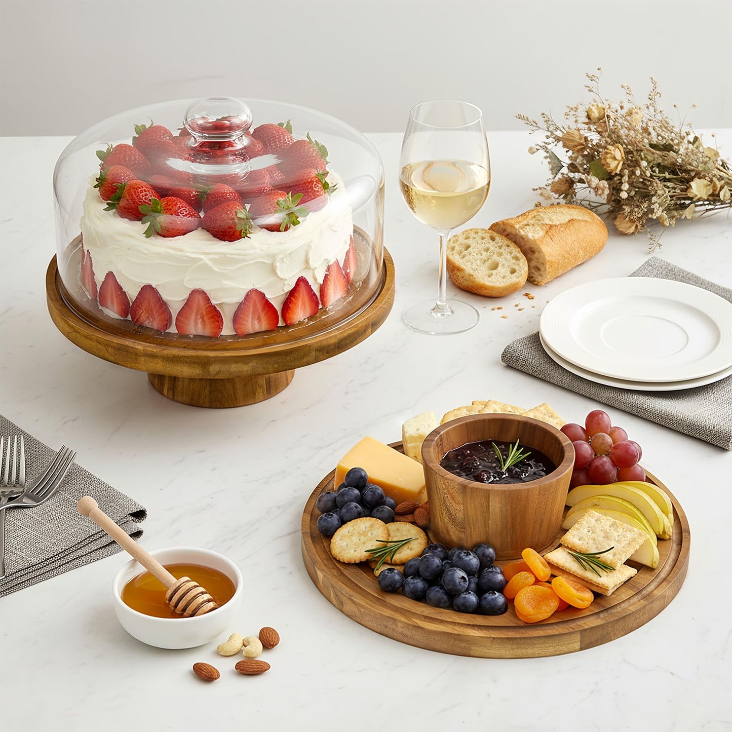 Krbnk Acacia Wood Cake Stand with Lid, 12" Wooden Cake Holder with Glass Dome Cover, 2-In-1 Round Cake Stand Dessert Table Display Set & Charcuterie Board for Weddings, Parties, Bakeries