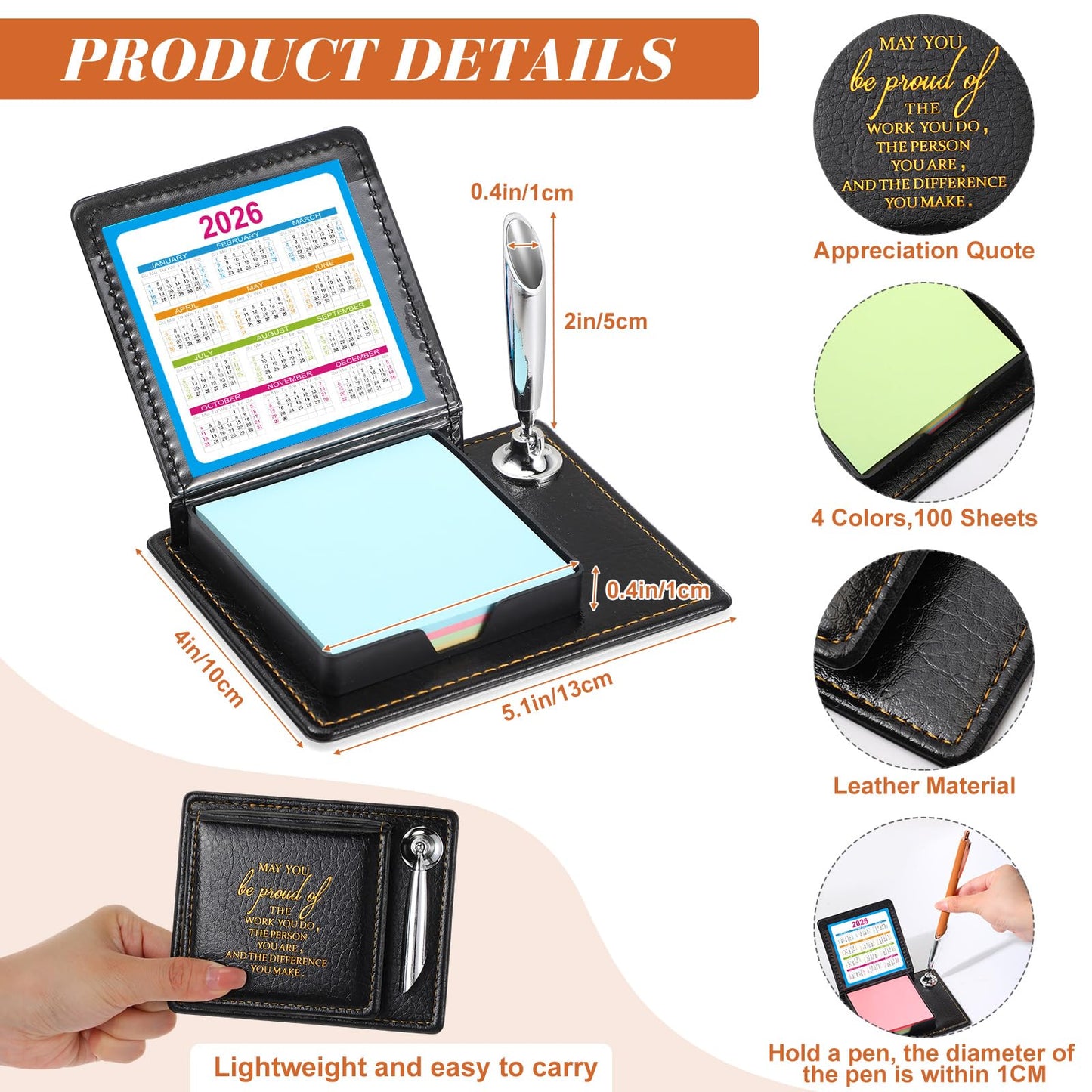 Tenceur 20 Pcs Appreciation Sticky Note Holder Gifts Bulk, Inspirational Thank You Sticky Note Holder, PU Leather Memo Box with Calendar for Women Men Emoloyee Coworkers Office Team