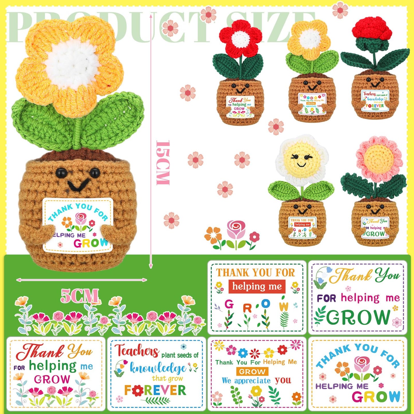 Wavwavw 6 Pcs Teacher Appreciation Gift in Bulk Thank You for Helping Me Grow Teacher Thank You Gift Sunflower Crochet Doll with Card for Graduation Birthday from Students