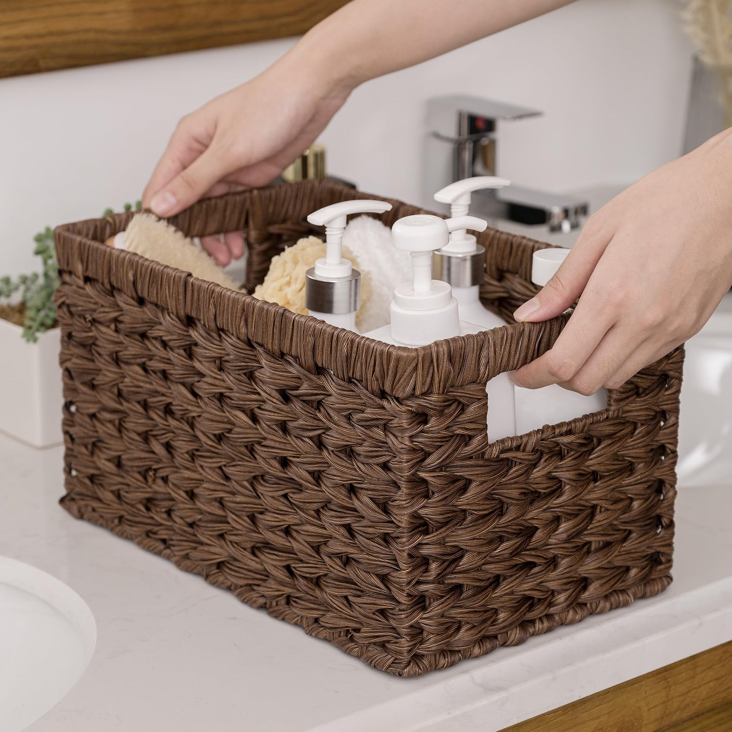 GRANNY SAYS Wicker Storage Baskets for Shelves, Wicker Baskets for Organizing, Waterproof Woven Basket for Pantry, Rectangle Basket for Shlef, Brown, 2-Pack