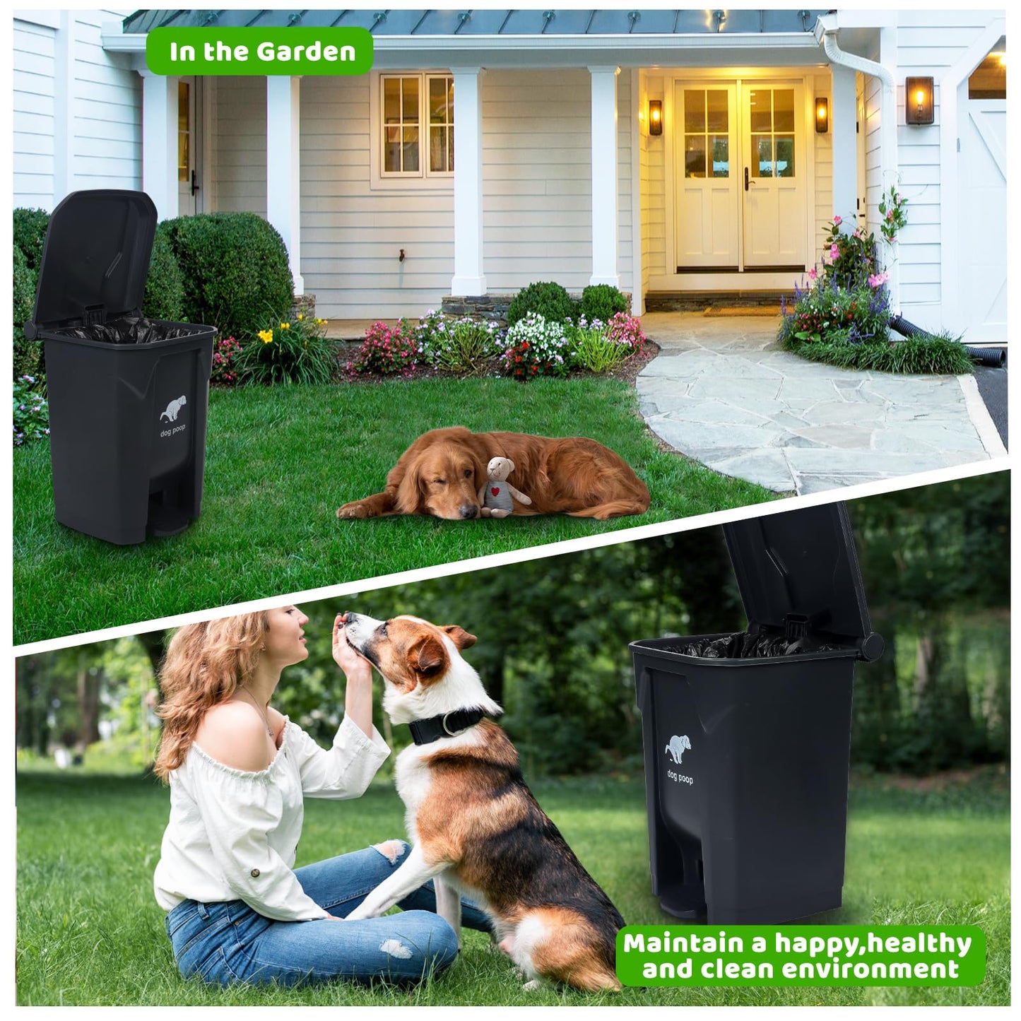 Uppcasir Dog Poop Trash Can Outside, 20L/5Gallon Pedal and Removable Inner Waste Bin, Outdoor Dog Poop Trash Can with 100 Bags, Pet Waste Container for Garden, Black