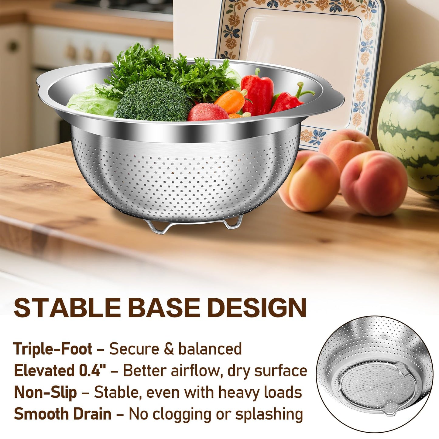 Stainless Steel Colander for Kitchen, Stainless Steel Strainer, Pasta Strainer for Spaghetti Fruit Cooking Food, 3 Pcs Strainers and Colanders(2QT, 3QT, 5QT), Dishwasher Safe, Kitchen Present