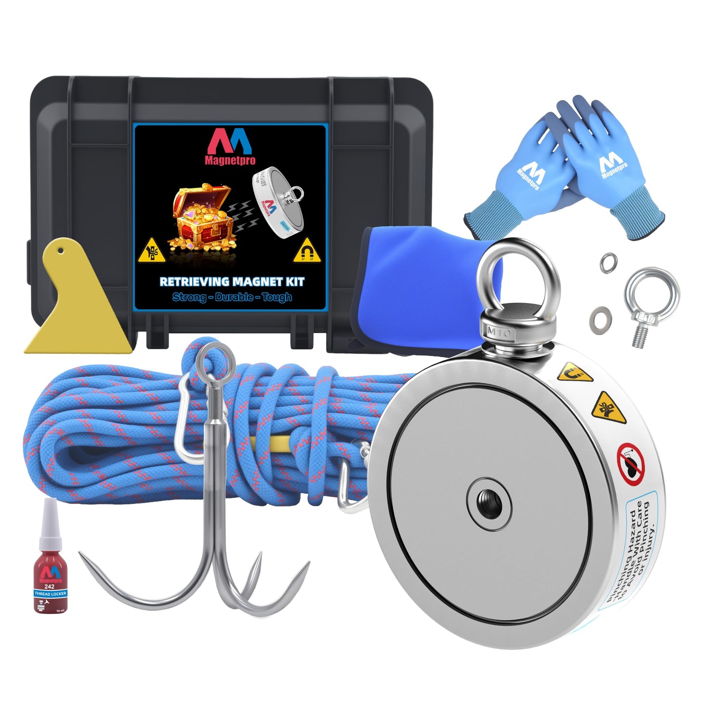 Magnetpro 2690LB’s Complete Retrieving Magnet Fishing Kit | Double Sided Fishing Magnet Kit | Includes Strong Neodymium Magnets, Durable 65ft Rope, Carabiner, Gloves, Grappling Hook & Carry Case