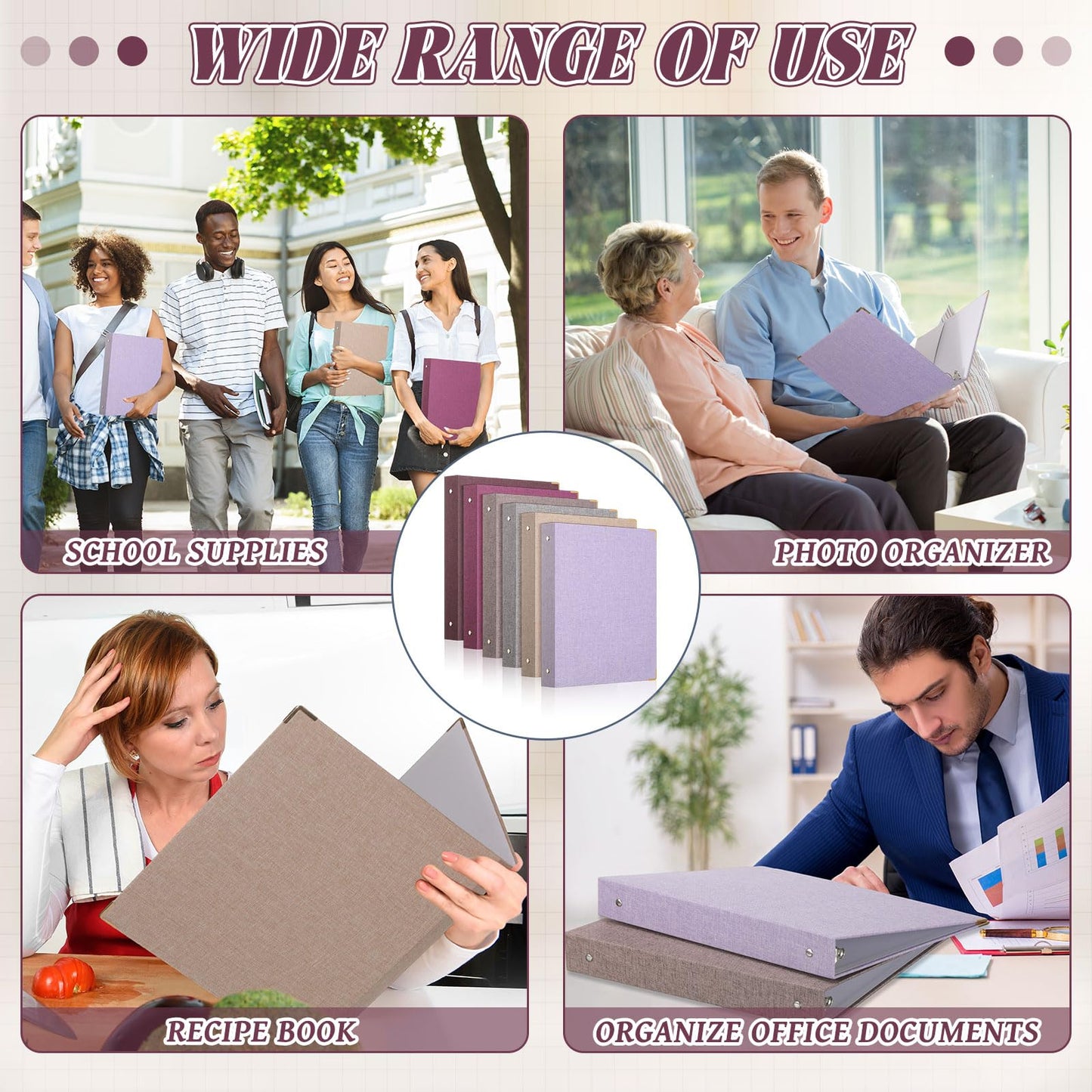 Fulmoon 6 Pcs Aesthetic 3 Ring Binders with Linen Cover 1 Inch Round Rings Binder with Inner Pocket 8.5" x 11" Binder Fits Letter Sized Durable for School Office and Home (Lavender)