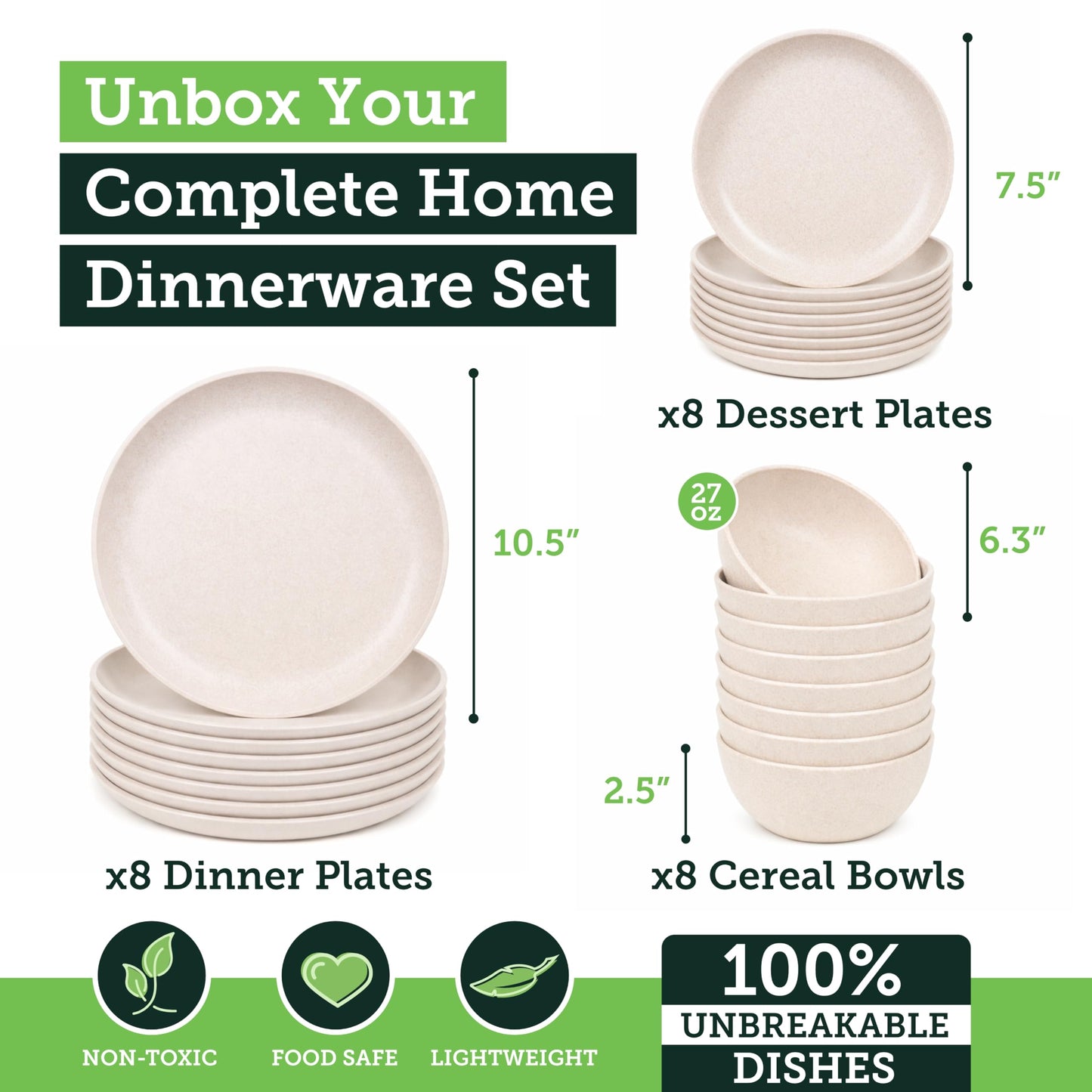 Grow Forward 24-piece Premium Wheat Straw Dinnerware Sets for 8 - Unbreakable Dishwasher & Microwave Safe Plastic Plates and Bowls Sets - Patio, Outdoors, RV, Camping Dishes - Sahara