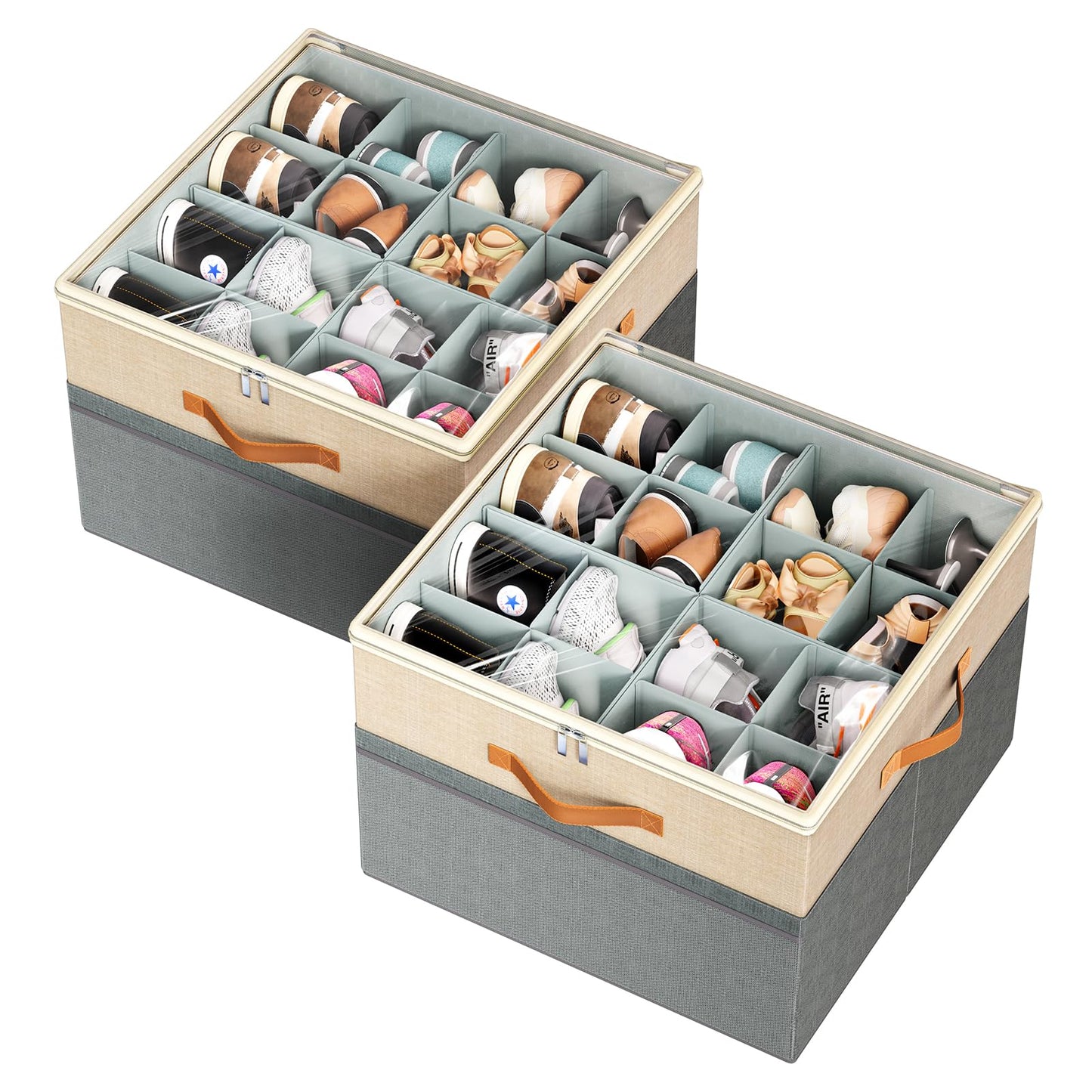 Shoe Organizer for Closet, 2 Pack Foldable Shoe Storage Organizer Box Bin with Adjustable Dividers and Clear Cover, Fits up to 16-32 Pairs（Grey&Beige）