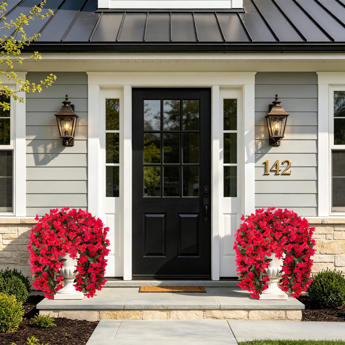 Faux Bougainvillea Artificial Flowers Plants for Outdoor Outside Decoration, 2 PCS Red Fake Flowers UV Resistant Look Real Silk Long Trailing Vines for Front Door Porch Planter Urn Patio Garden Yard