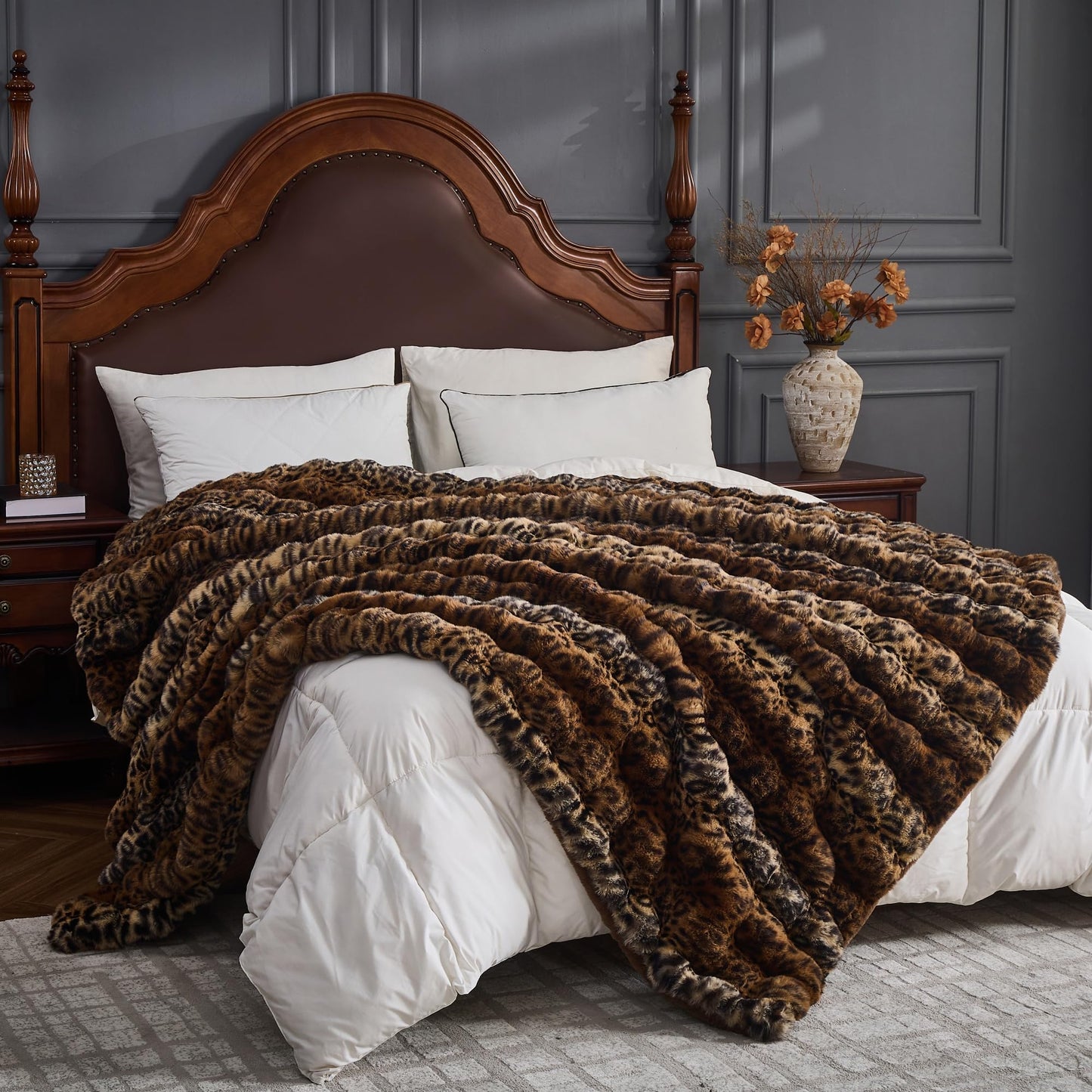 RYNGHIPY Faux Fur Blankets for Couch Bed Fluffy Warm Thick Throw Blanket for Bedroom Living Room Soft Cozy Plush Decorative Bubble Furry Blanket Cheetah Print Blanket (Leopard-Coffee, 51''x63'')