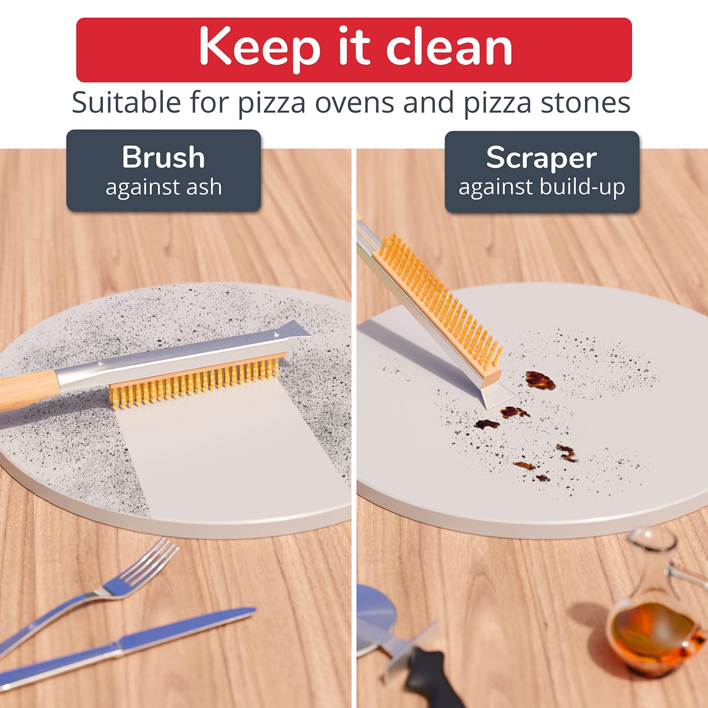 Senwosa 26” Pizza Oven Brush with Stone Scraper - Heat Resistant Stainless Steel Bristles, Extra Long Handle - Compatible with Ooni, Gozney & Similar Ovens - Includes Spare Head