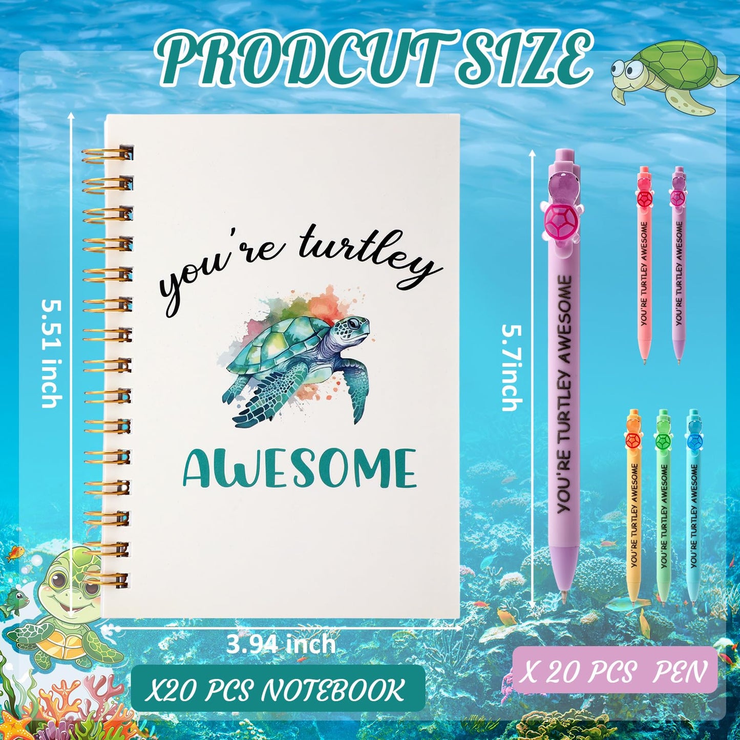 Resurhang 20 Sets Inspirational Turtle Gifts Includes 20 Turtles Spiral Notebooks 20 Glowing in the Dark Ballpoint Pens Employee Appreciation Gifts Bulk for Coworker Staff Team Turtle Lovers