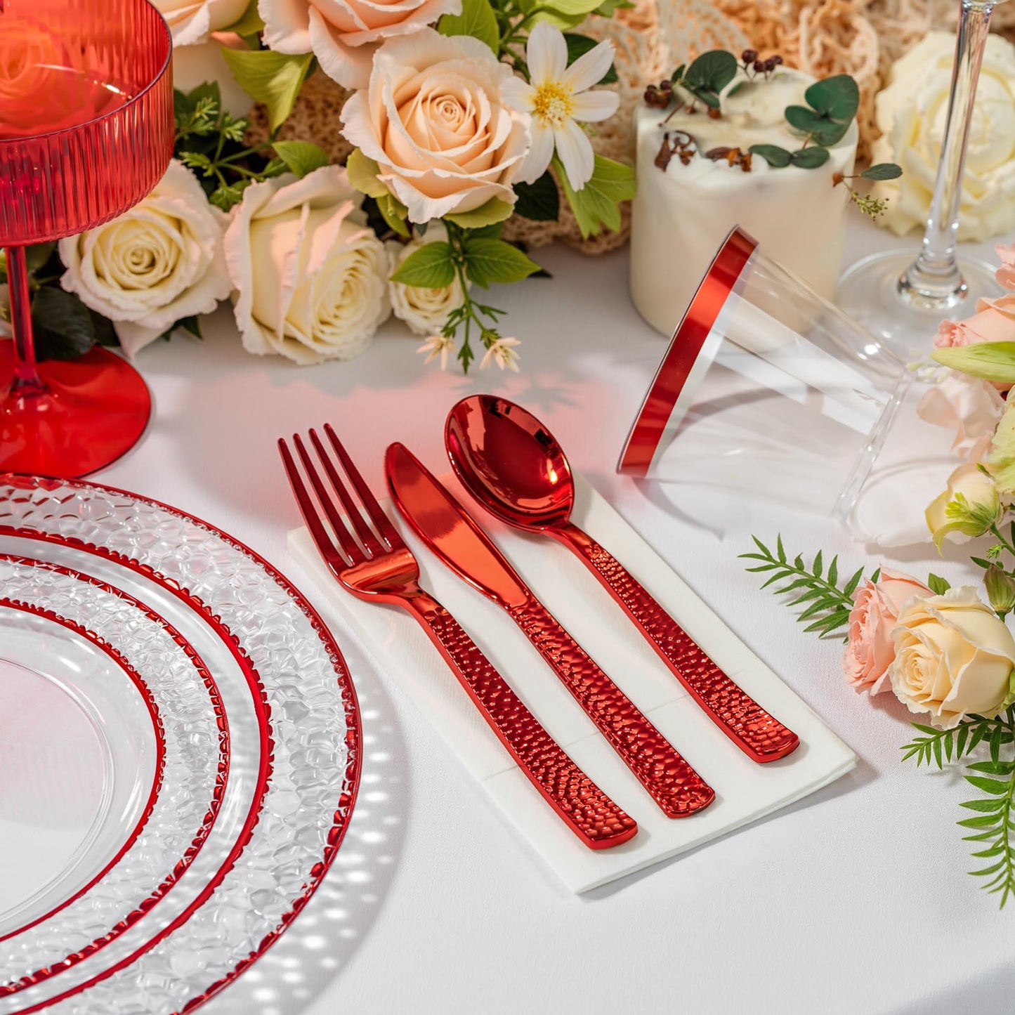Ciaell 150 PCS Red Plastic Plates – Clear Hammered Disposable Plates with Red Rim include 50Plates, 25Forks, 25Knives, 25Spoons, 25Cups for Wedding & Party & Anniversary