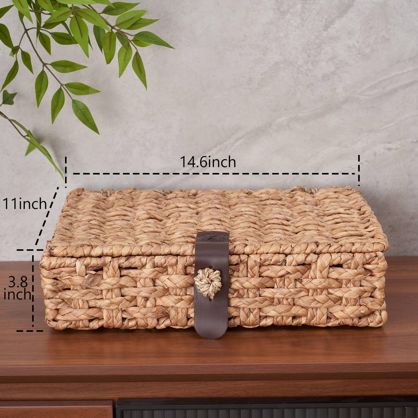 LOHONER Decorative Box with Lid, Wicker Storage Basket, Water Hyacinth Woven Decorative box for Shelf, Coffee Table, Console Table, Home Decor (Large)