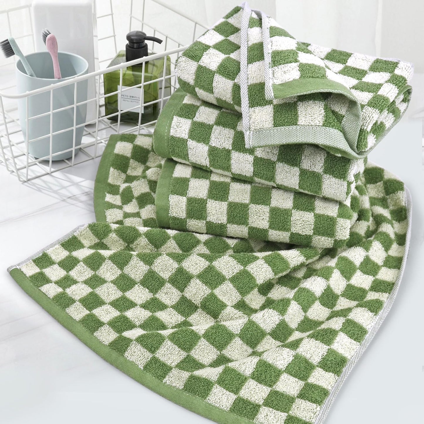 Jacquotha Green Hand Towels for Bathroom Set of 4 - Cute Checkered Bathroom Towels for Kitchen Decor, Lightweight for Bath Face Body