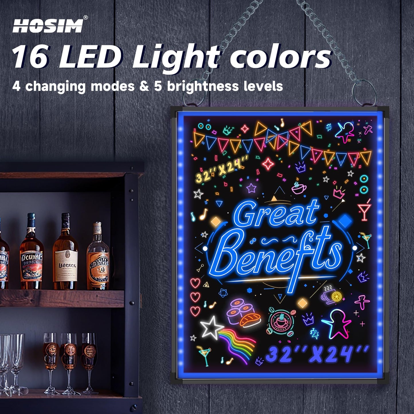 Hosim LED Message Writing Board, 28”x 20" Neon Signs Chalkboard Menu Board, 16 Colors Light Board, LED Sign Board, LED Note Board for Restaurant Display Light Up Sign