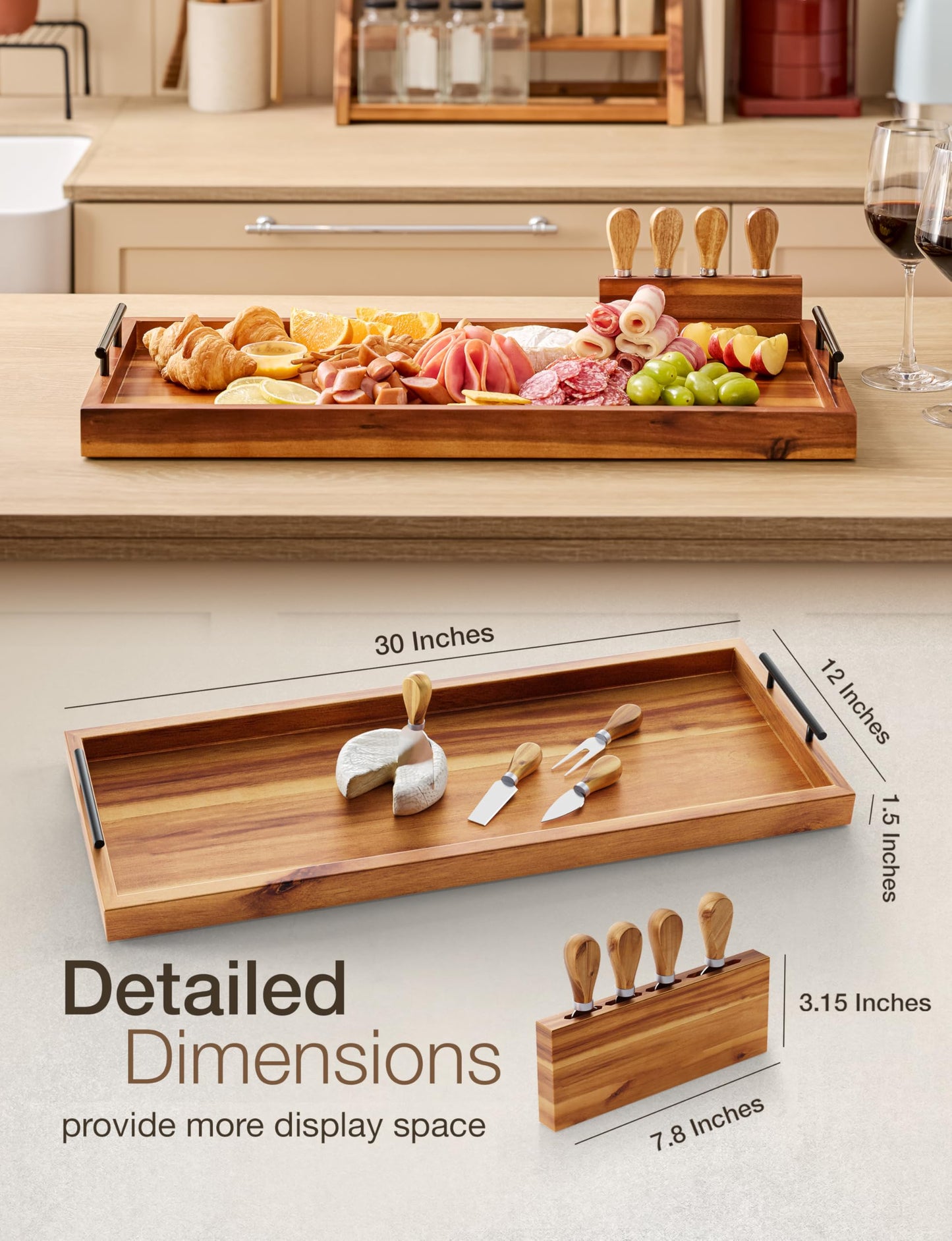 TIDITA Acacia 30 Inch Large Charcuterie Boards for Party with Cheese Knife Set of 4 – Acacia Wood Serving Tray with Handles, Long Charcuterie Board, Wooden Cheese Board