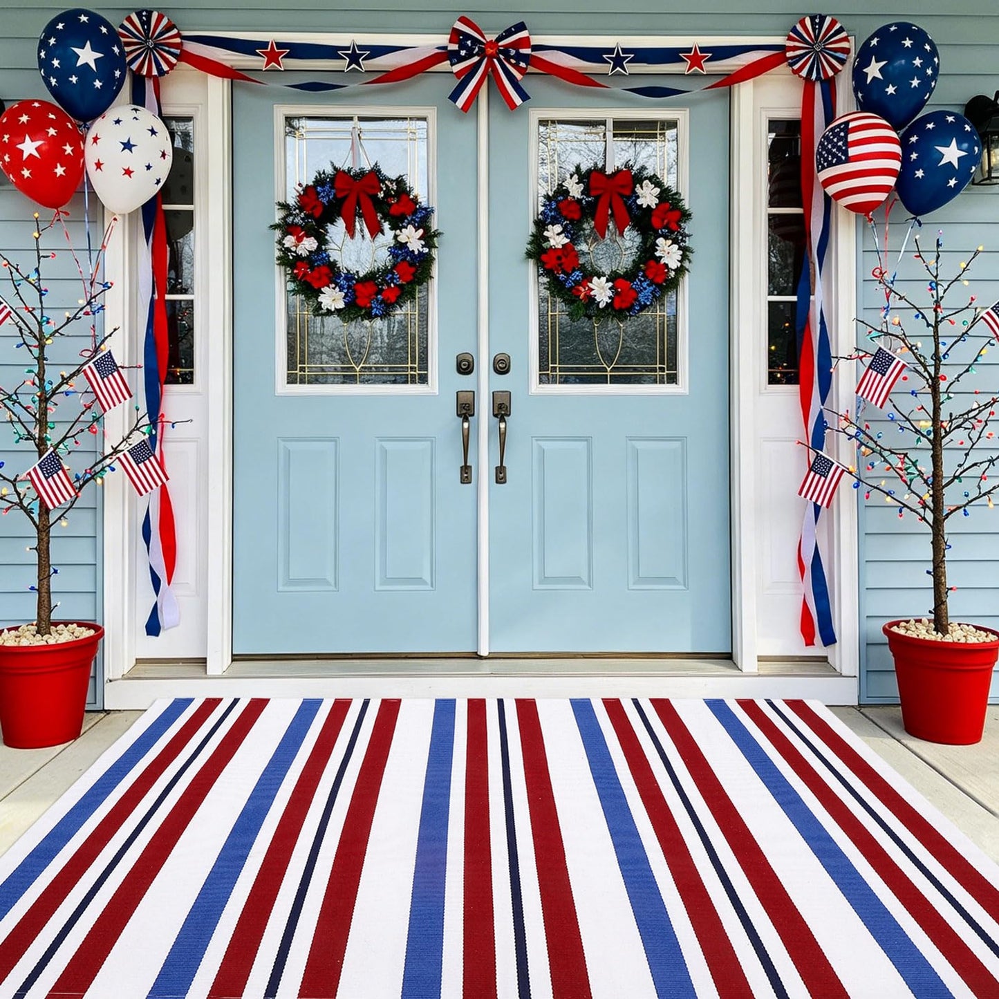 Bottalive USA 250th Anniversary Patriotic Doormat, 4' x 6' Red White and Blue Striped Outdoor Rug, Washable Farmhouse Front Porch Welcome Mat for Memorial Day, 4th of July, and Independence Day Decor