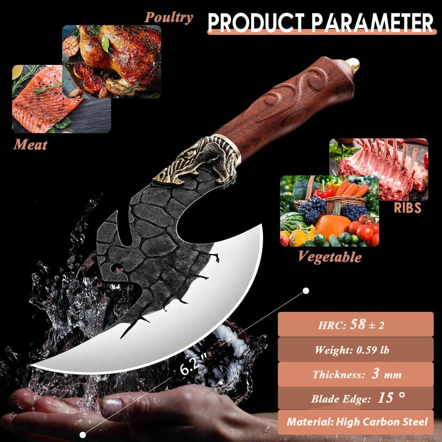 ROCOCO Viking Cleaver Knife Birthday - Butcher Meat Cutting Boning Knife Hand Forged Chinese Kitchen Axe with Sheath Home Outdoor BBQ Camping Chirstmas Mother Father Gift Men