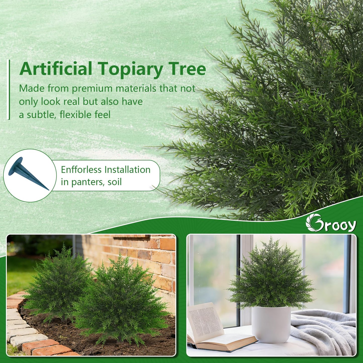 Grooy Artificial Cypress Topiary Bushes with Spike, 2 Pack Faux UV Resistant Cedar Ball Trees for Outdoor Planters, Fake Shrubs Plants for Porch Garden Decor