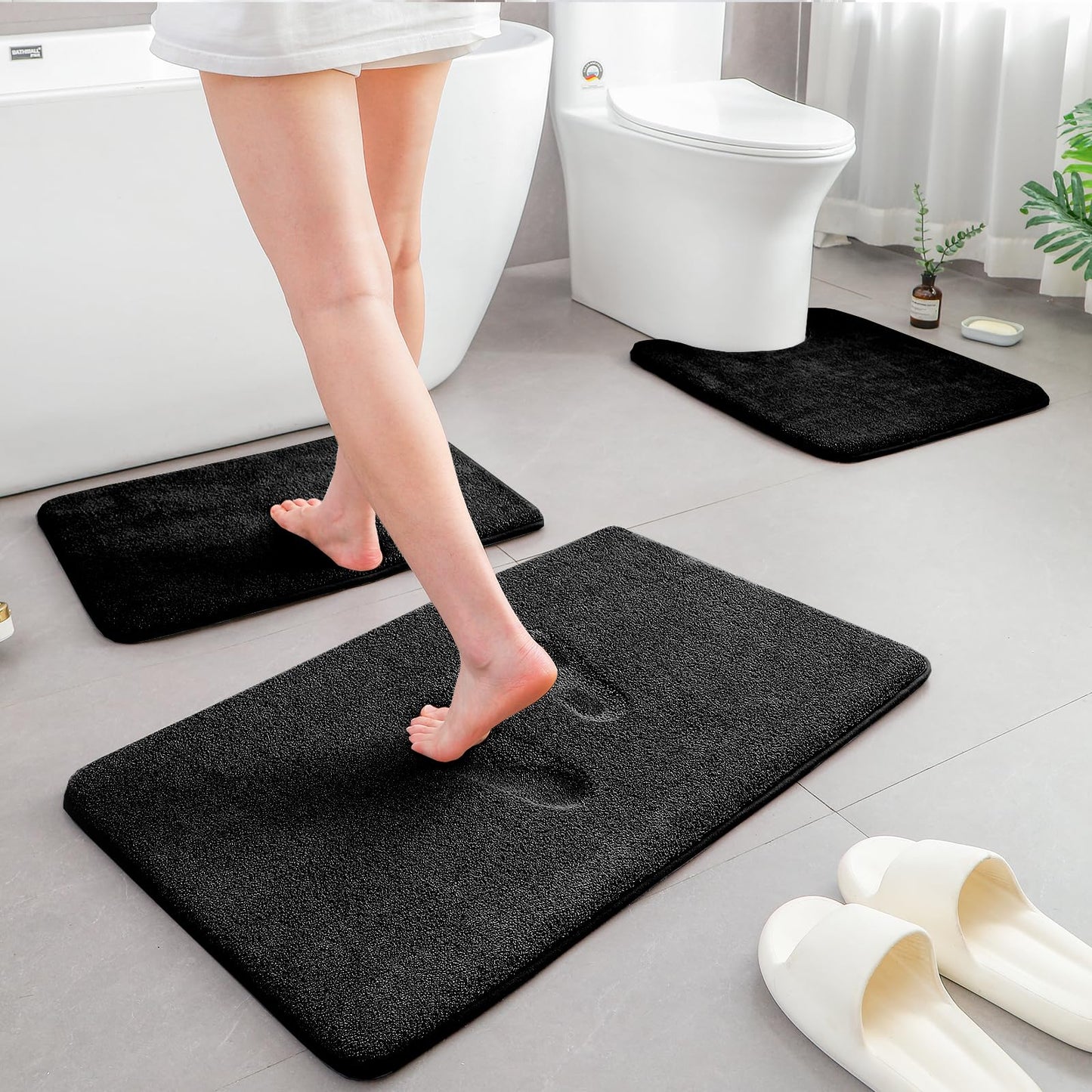 HOMEIDEAS Upgraded Bathroom Rugs Set 3 Piece, Extra Thick Absorbent Soft Memory Foam, Washable Toilet Bath Mat (Black,17"x24"+20"x32"+U Shape 20"x24")