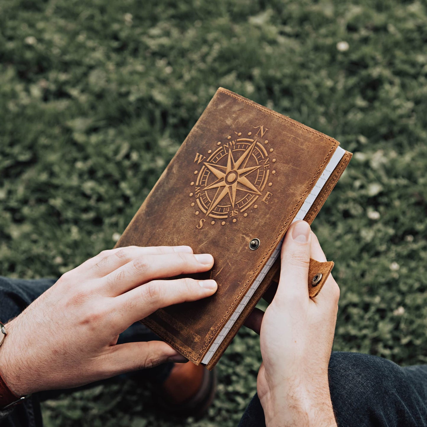 Travel Journal Series by Modest Goods - Refillable Leather Cover and A5 Notebook - Travel Accessories for Men & Women - Great for Traveler Adventure Journal, Vacation Scrapbook, Planner (Compass)