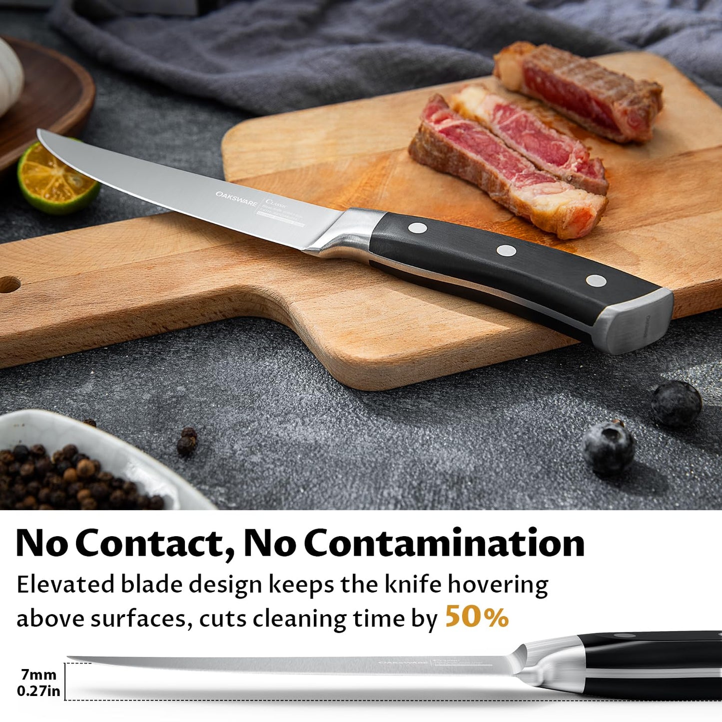 Steak Knives Set of 8, 5 Inch Non Serrated Steak Knife with Walnut Block, Razor-Sharp German Stainless Steel Dinner Knives, Durable Full Tang Forged Straight Edge Meat Knife for Home Dining&Gift