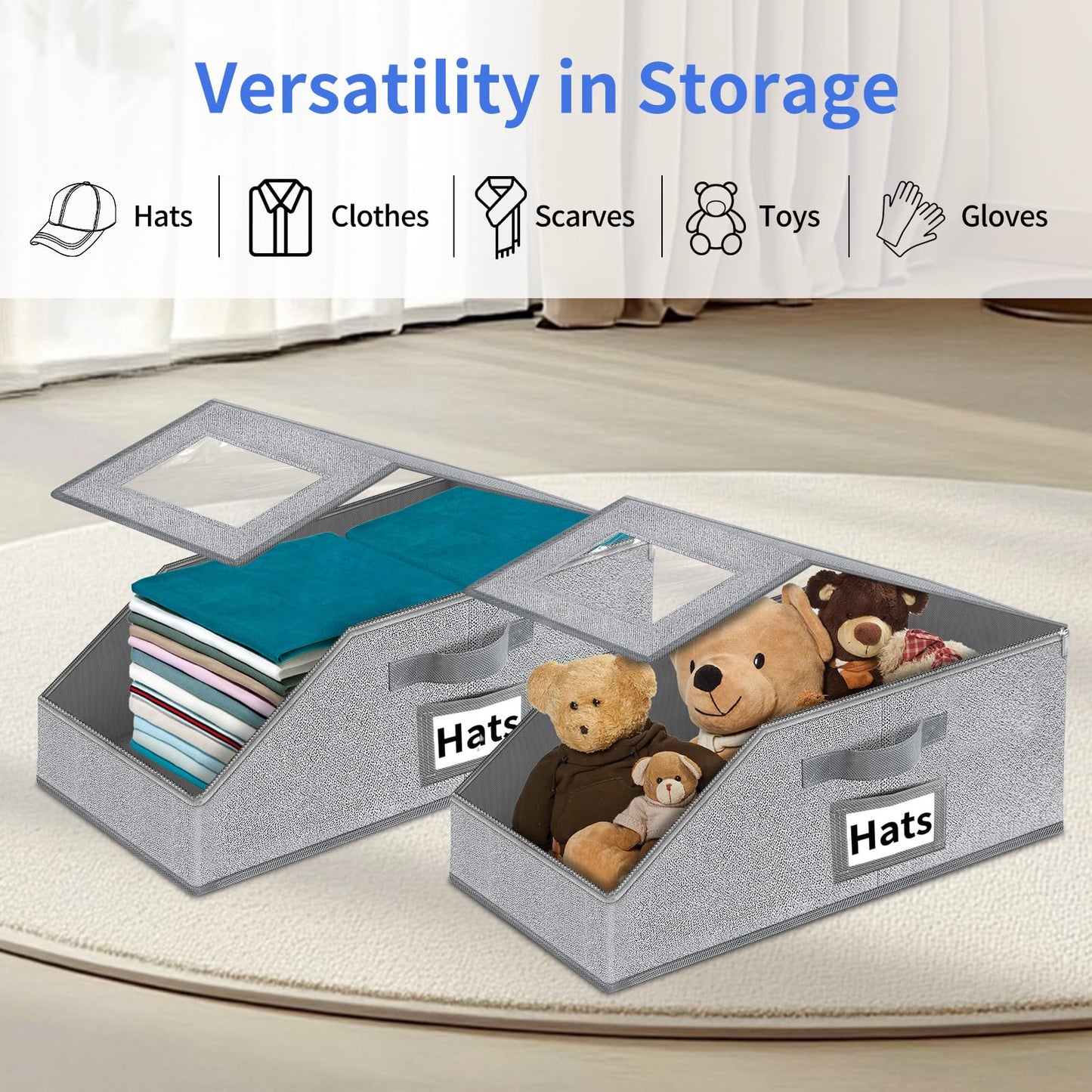 Aokeyee Hat Organizer for Baseball Caps - 2PCS Stackable Storage with Clear Window Lid, Flip-Top Access, Space-Saving Hat Box for Closet, Breathable Fabric (Grey)