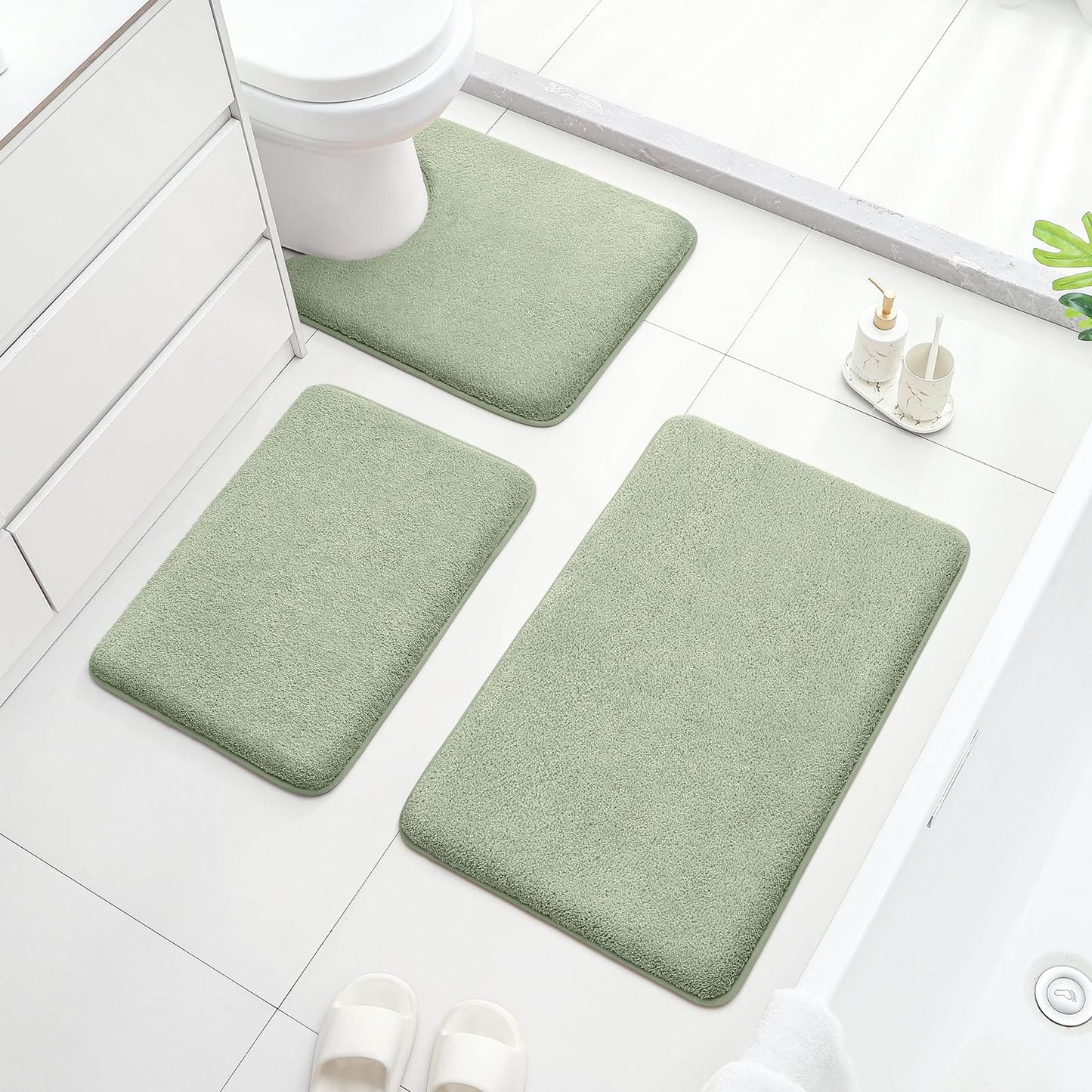 HOMEIDEAS Upgraded Bathroom Rugs Set 3 Piece, Extra Thick Absorbent Soft Memory Foam, Washable Toilet Bath Mat (Sage Green,17"x24"+20"x32"+U Shape 20"x24")