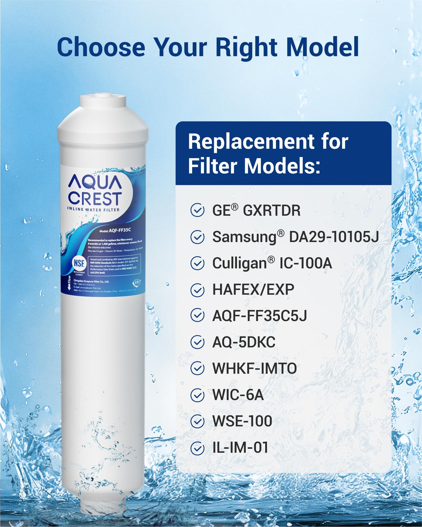 AQUA CREST GXRTDR Inline Water Filter, NSF42 Certified, Replacement for GE® GXRTDR, IC-100A, Samsung DA29-10105J, Whirlpool WHKF-IMTO, 3 Filters (Package May Vary)