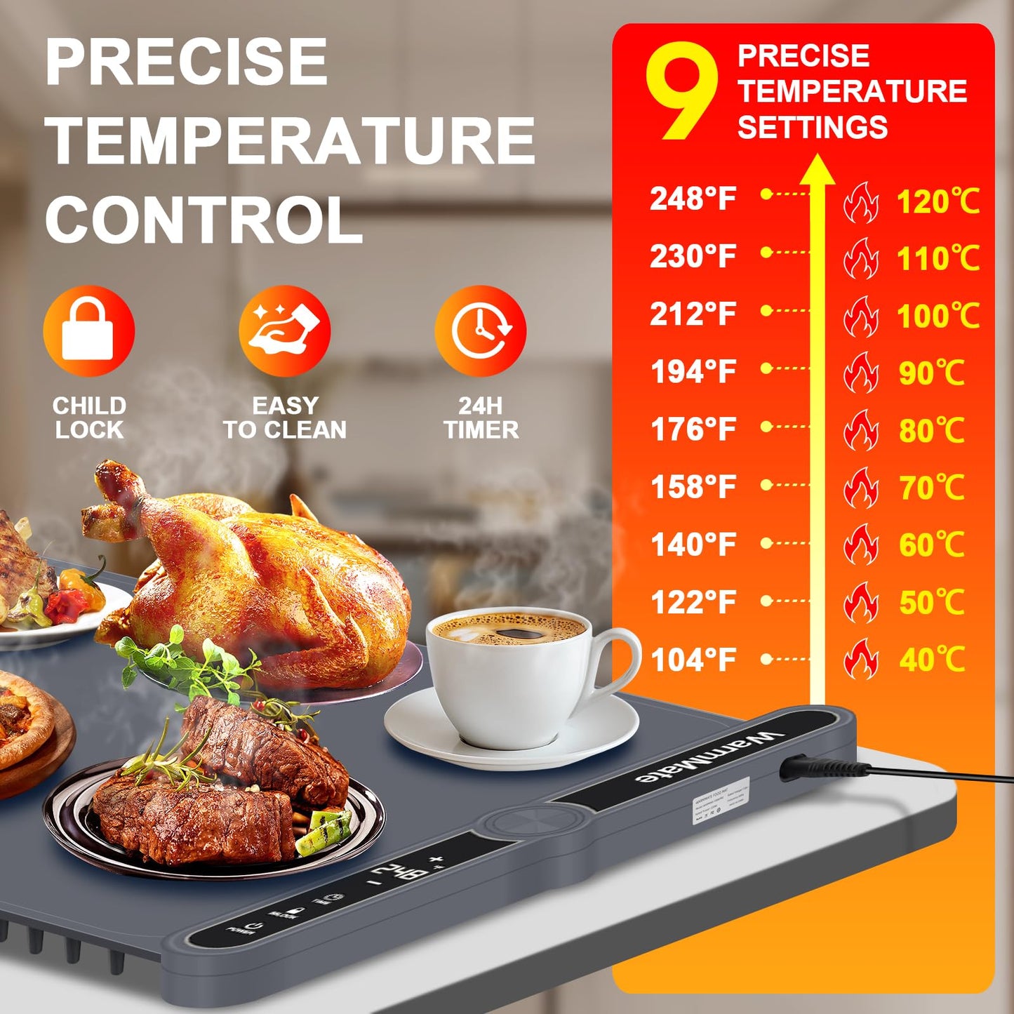 WarmMate Food Warming Mat，Electric Warming Tray with 9-Level Temperature Precision Control, 6H Timer,8s Full Surface Rapid Heating, Ideal for Buffets, Parties & Gatherings (Roll-Up Design，Dark Grey)