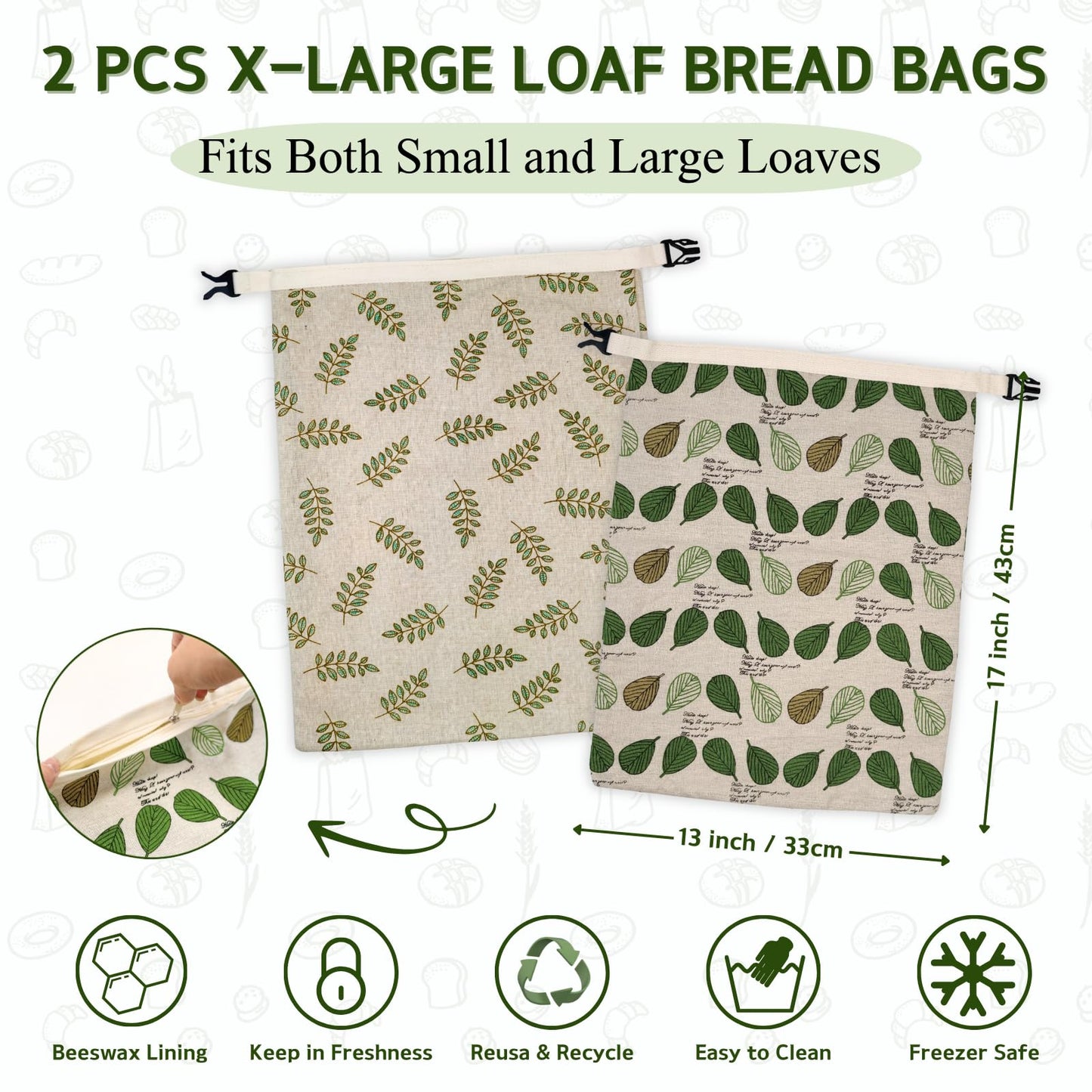 2 Pack Beeswax Bread Bags for Homemade Bread with Zipper, Large 13x17'' Reusable Beeswax Sourdough Bread Storage Bag, Keep Loaves Fresh Longer, Freezer Safe & Airtight, Natural, Zero Waste