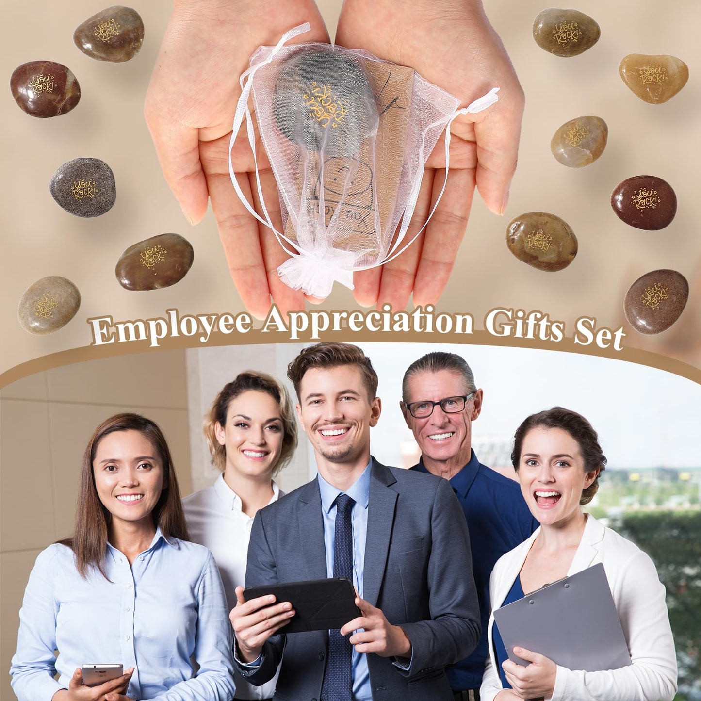 Roowest 30 Sets Inspirational You Rock Gifts Employee Appreciation Gift Engraved Inspirational Rocks Gift Faith Stones Cards Organza Bag for Staff Volunteer Coworker Teacher Nurse