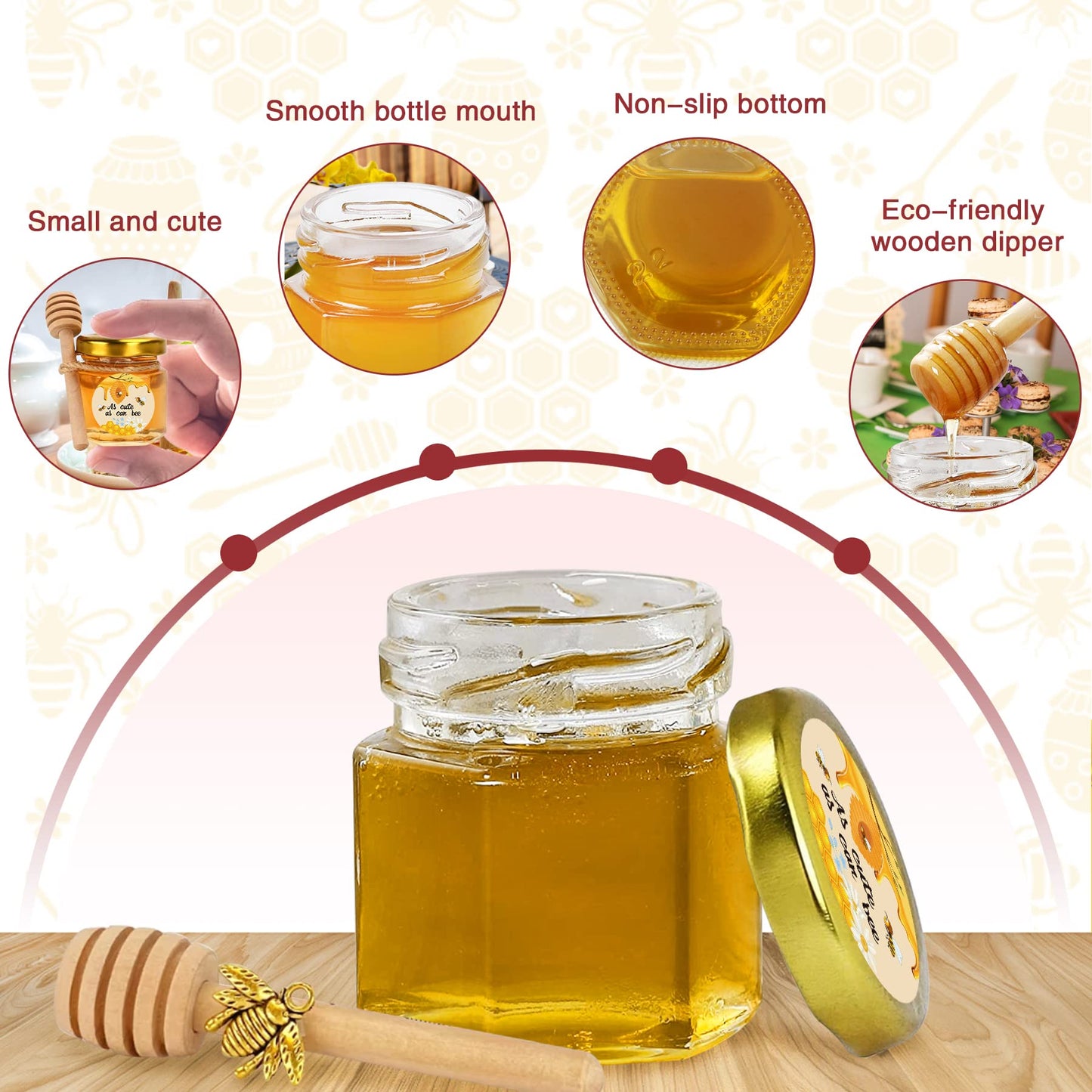 Aliggbent 96 Pack Mini Honey Jars Party Favors in Bulk, 1.5 oz Small Hexagon Glass Honey Jars with Dippers, Lids, Cute Stickers, Bee Charms, Gift Bags and Jute for Baby Showers, Weddings & Birthdays