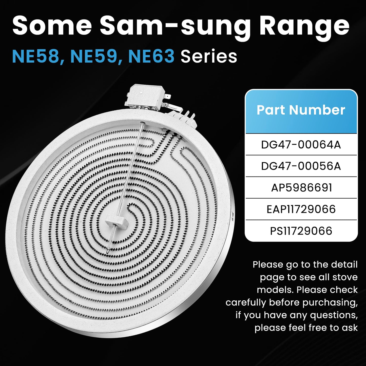 12 in DG47-00064A DG47-00056A Electric Range Dual Radiant Surface Element Fit for Sam-Sung NE58, NE59, NE63 Series Electric Stove, Replaces AP5986691 EAP11729066 PS11729066 by Fetechmate